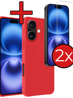 BTH BTH iPhone 16 Plus Hoesje Siliconen Met 2x Screenprotector Met Dichte Notch - Rood