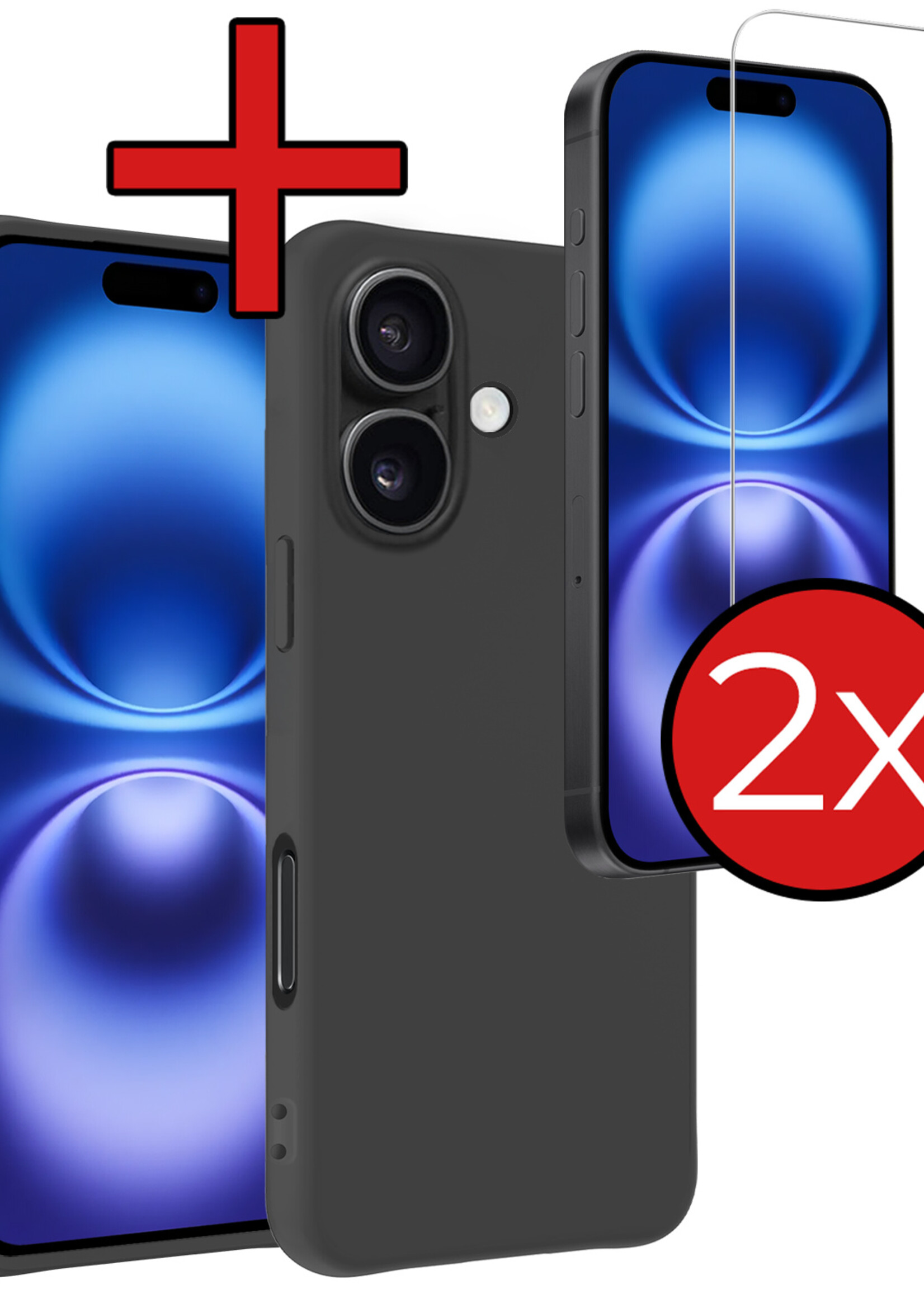 BTH Hoesje Geschikt voor iPhone 16 Plus Hoesje Siliconen Case Hoes Met 2x Screenprotector - Hoes Geschikt voor iPhone 16 Plus Hoes Cover Case - Zwart