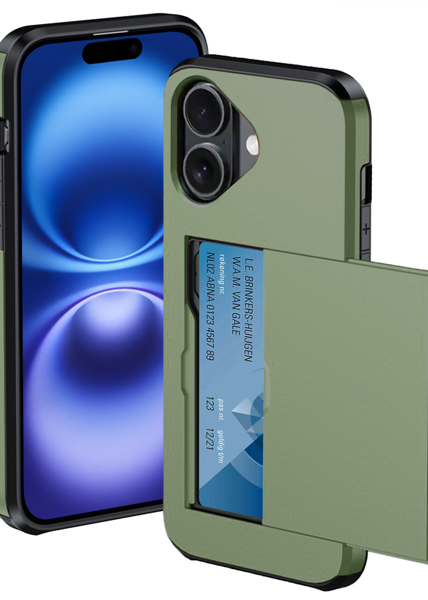 BTH Hoesje Geschikt voor iPhone 16 Hoesje Met Pasjeshouder Hard Case Met Kaarthouder - Hoes Geschikt voor iPhone 16 Hoesje Shock Proof Case - Donkergroen