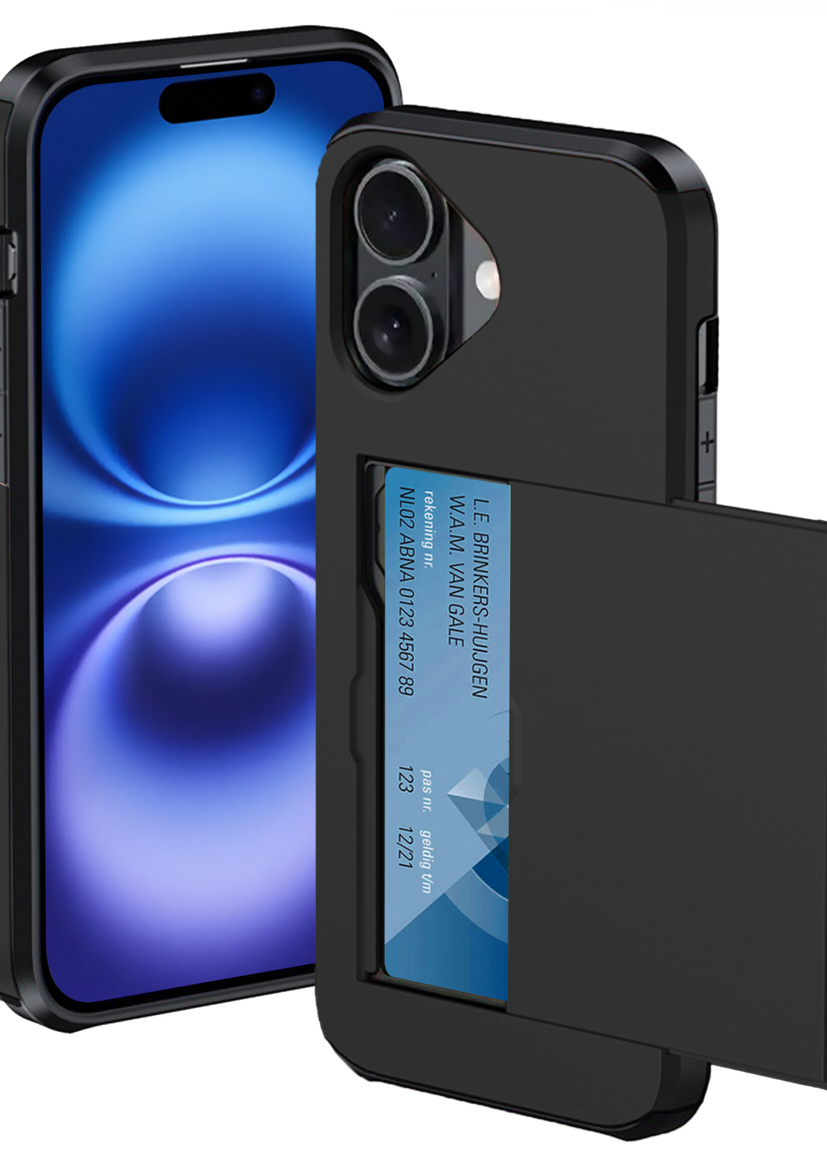 BTH Hoesje Geschikt voor iPhone 16 Hoesje Met Pasjeshouder Hard Case Met Kaarthouder - Hoes Geschikt voor iPhone 16 Hoesje Shock Proof Case - Zwart