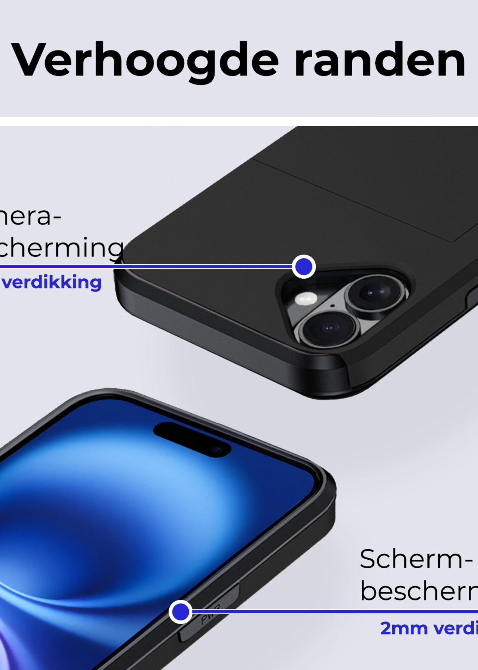 BTH Hoesje Geschikt voor iPhone 16 Hoesje Met Pasjeshouder Hard Case Met Kaarthouder - Hoes Geschikt voor iPhone 16 Hoesje Shock Proof Case - Zwart