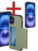 BTH BTH iPhone 16 Hoesje Pashouder Hard Met Screenprotector - Donker Groen