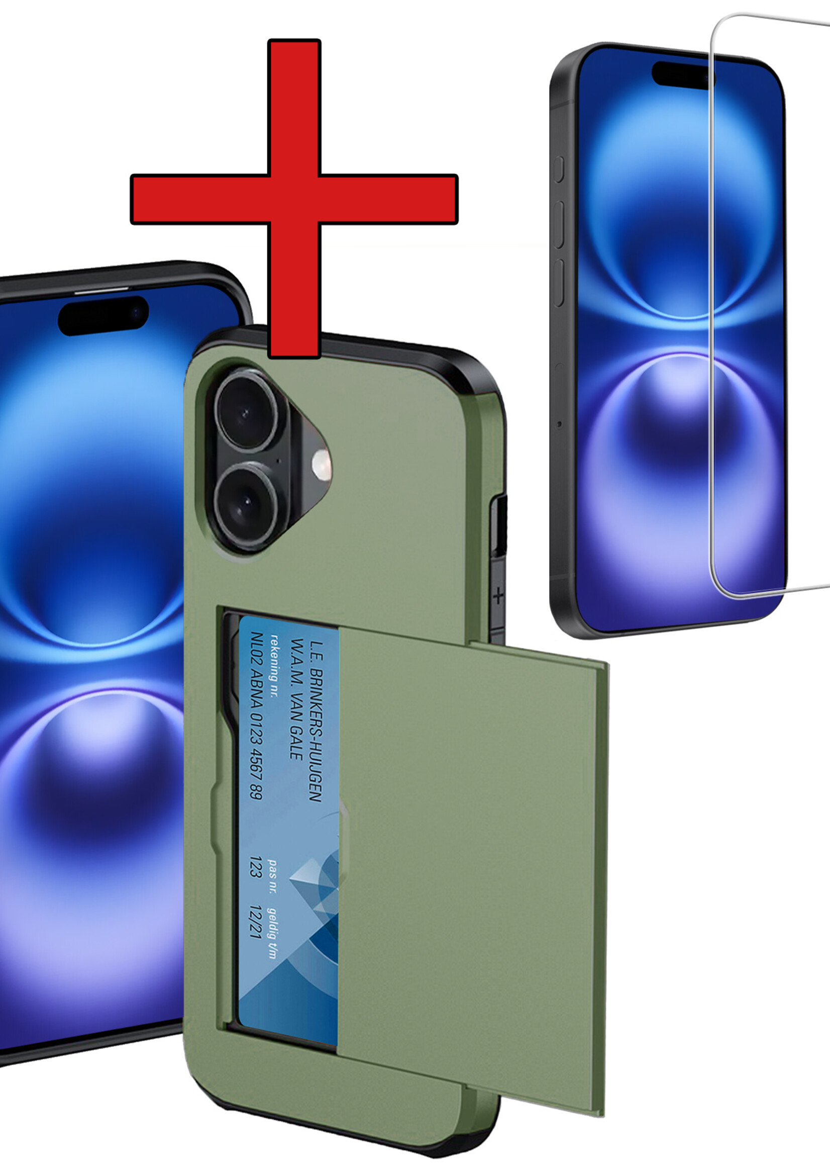BTH Hoesje Geschikt voor iPhone 16 Hoesje Met Pasjeshouder Hard Case Met Kaarthouder Met Screenprotector - Hoes Geschikt voor iPhone 16 Hoesje Shock Proof Case - Donkergroen