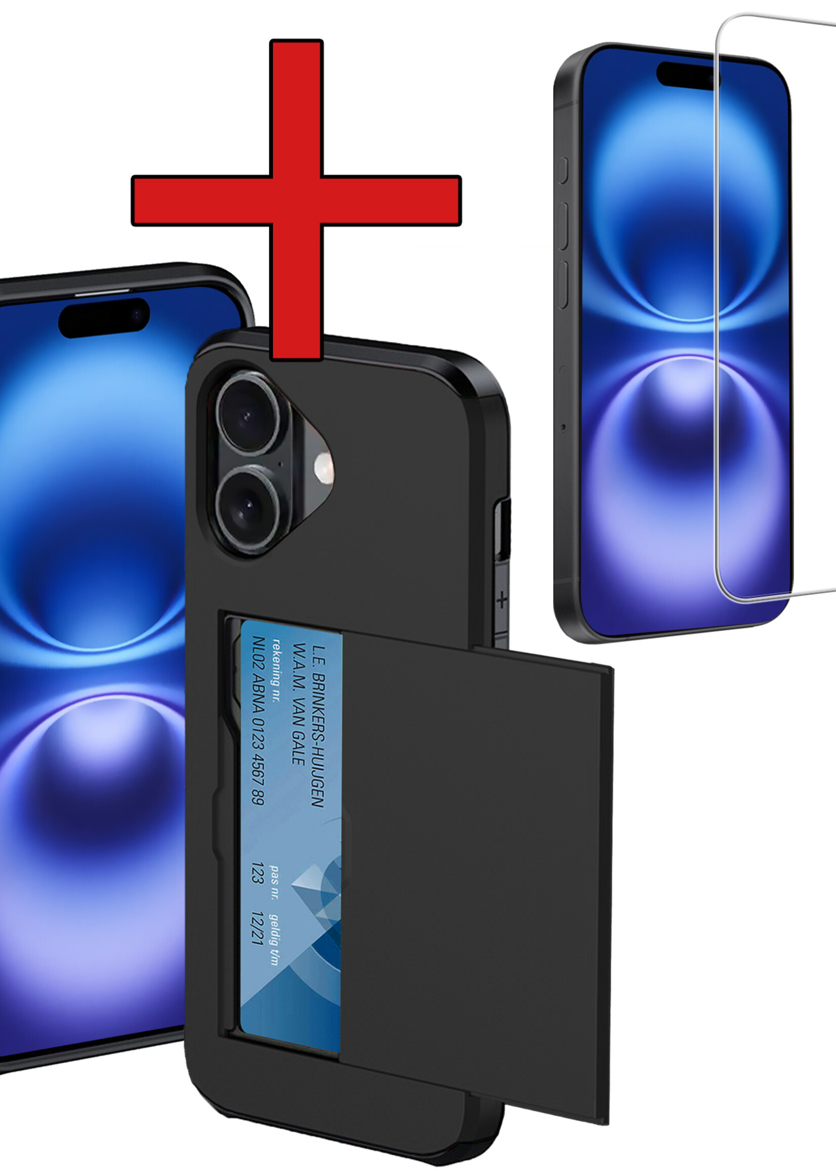 BTH Hoesje Geschikt voor iPhone 16 Hoesje Met Pasjeshouder Hard Case Met Kaarthouder Met Screenprotector - Hoes Geschikt voor iPhone 16 Hoesje Shock Proof Case - Zwart