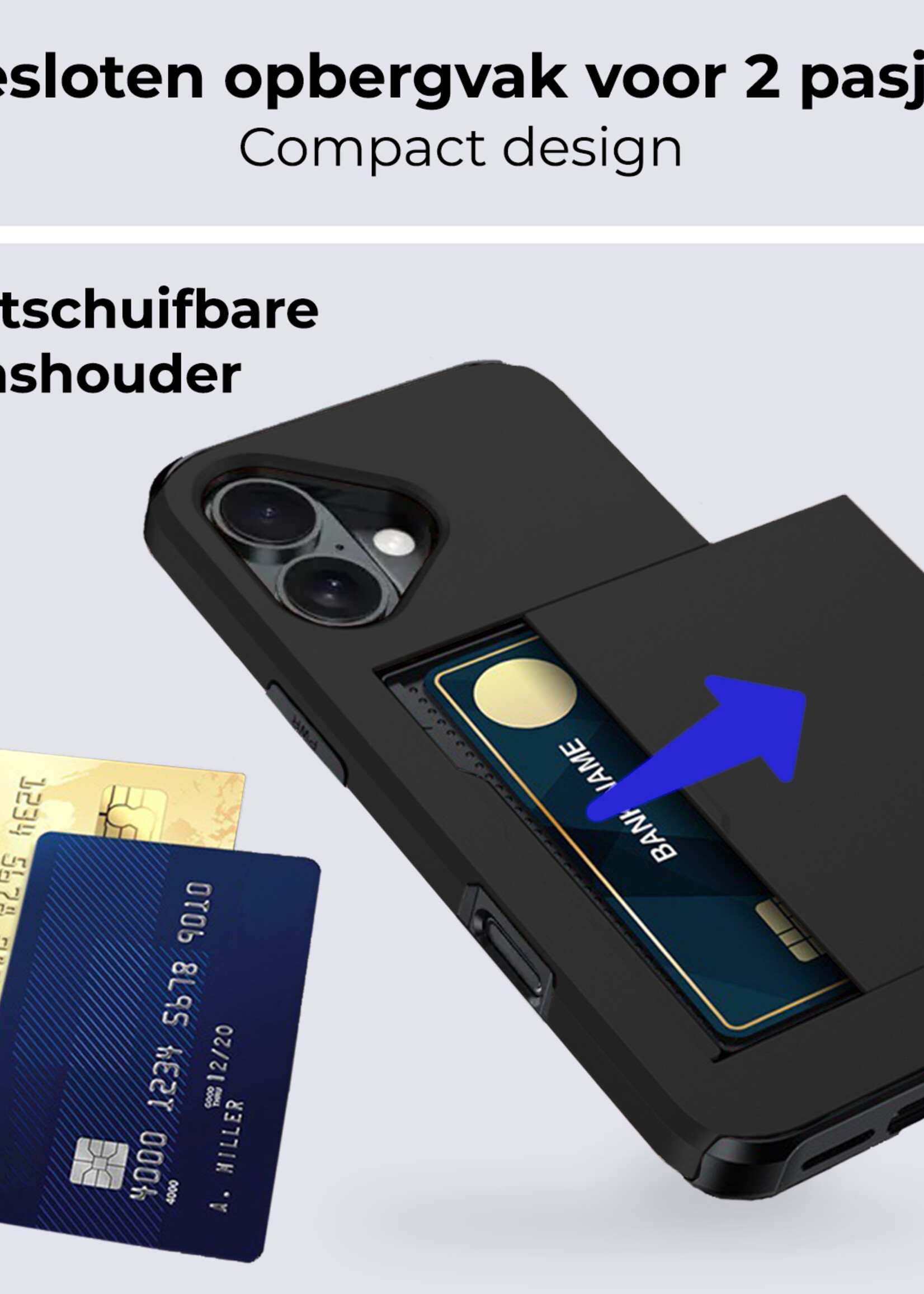 BTH Hoesje Geschikt voor iPhone 16 Hoesje Met Pasjeshouder Hard Case Met Kaarthouder Met Screenprotector - Hoes Geschikt voor iPhone 16 Hoesje Shock Proof Case - Zwart