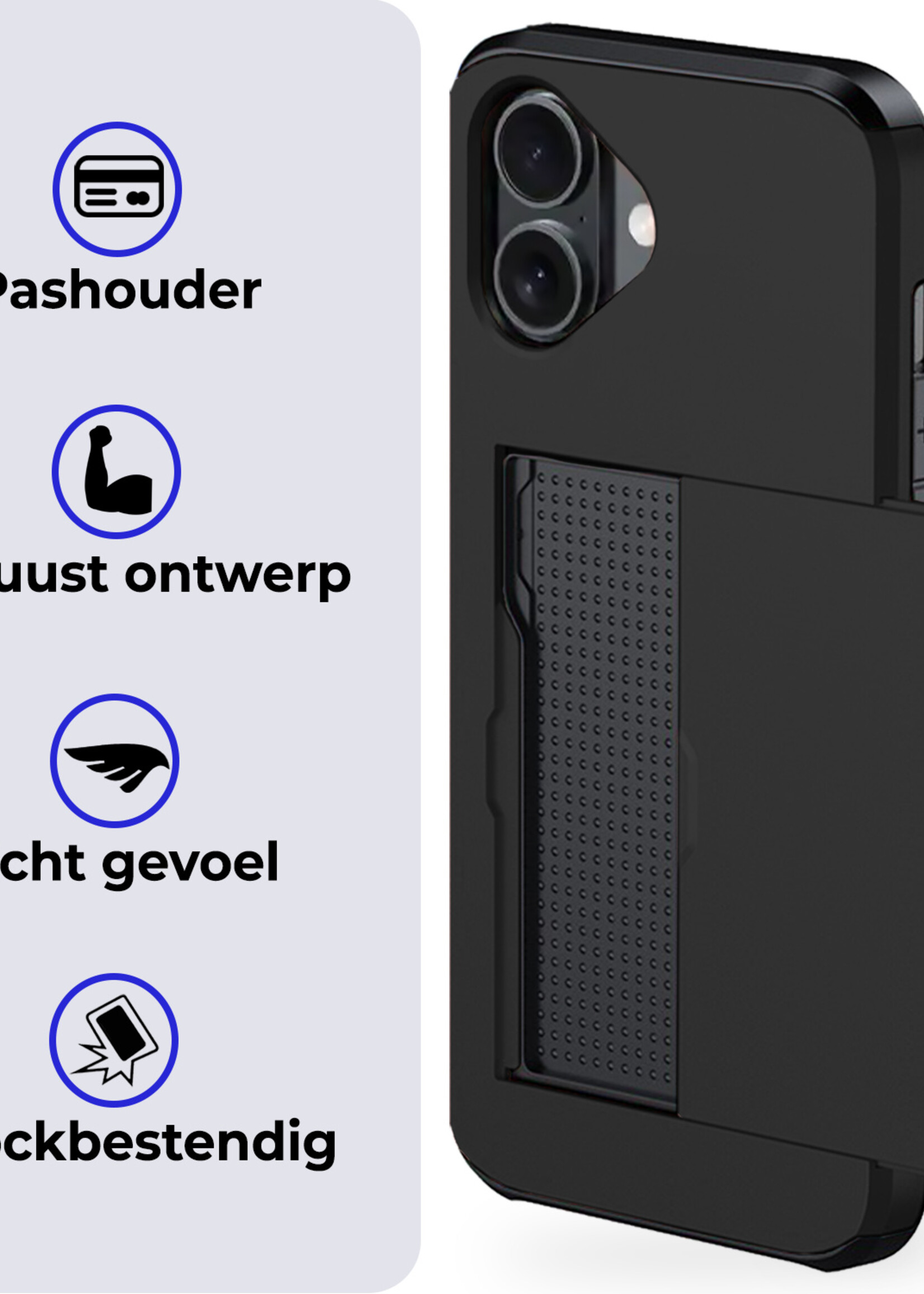 BTH Hoesje Geschikt voor iPhone 16 Hoesje Met Pasjeshouder Hard Case Met Kaarthouder Met Screenprotector - Hoes Geschikt voor iPhone 16 Hoesje Shock Proof Case - Zwart