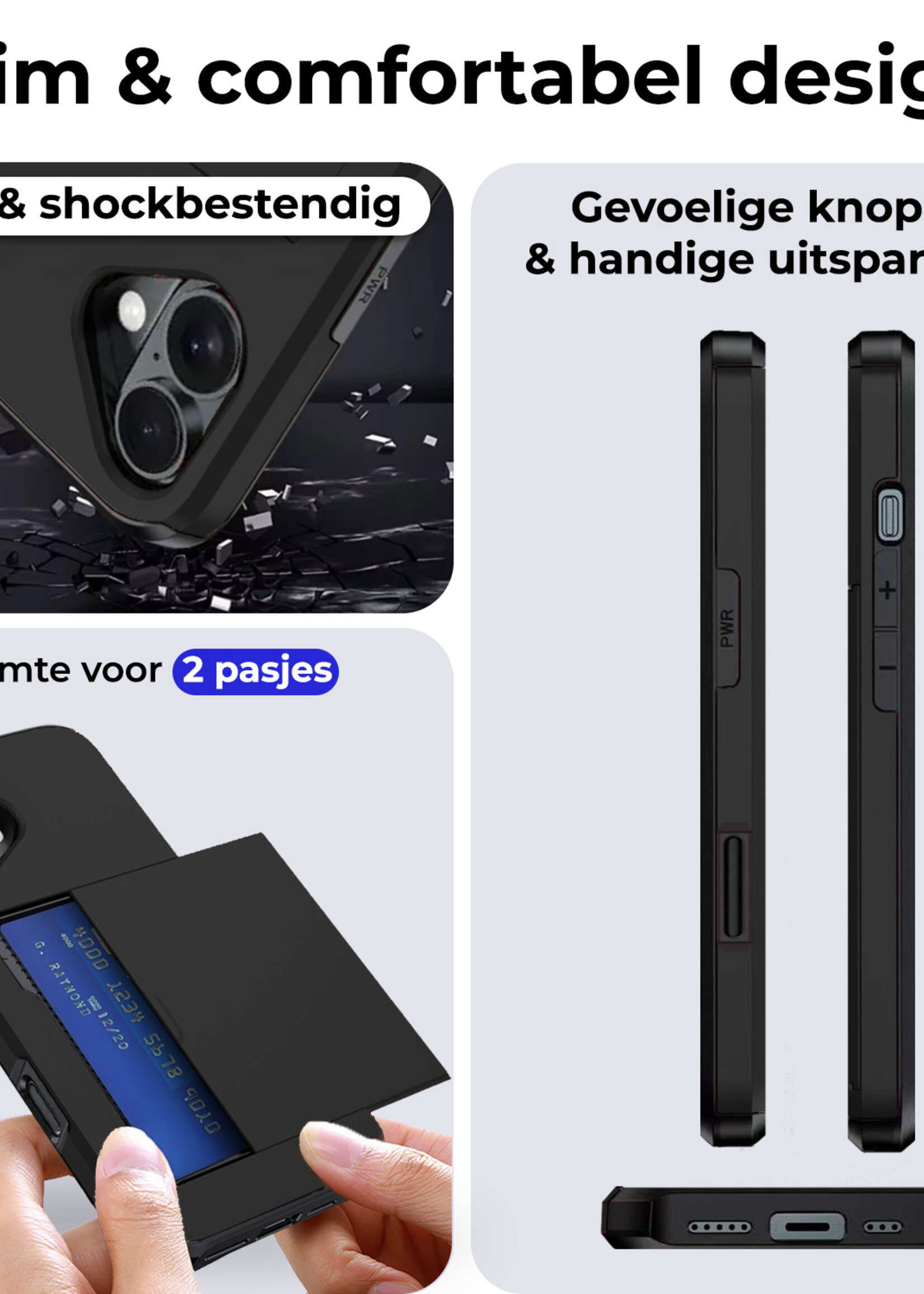 BTH Hoesje Geschikt voor iPhone 16 Hoesje Met Pasjeshouder Hard Case Met Kaarthouder Met Screenprotector - Hoes Geschikt voor iPhone 16 Hoesje Shock Proof Case - Zwart