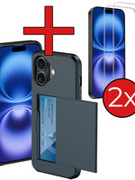 BTH BTH iPhone 16 Hoesje Pashouder Hard Met 2x Screenprotector - Donker Blauw