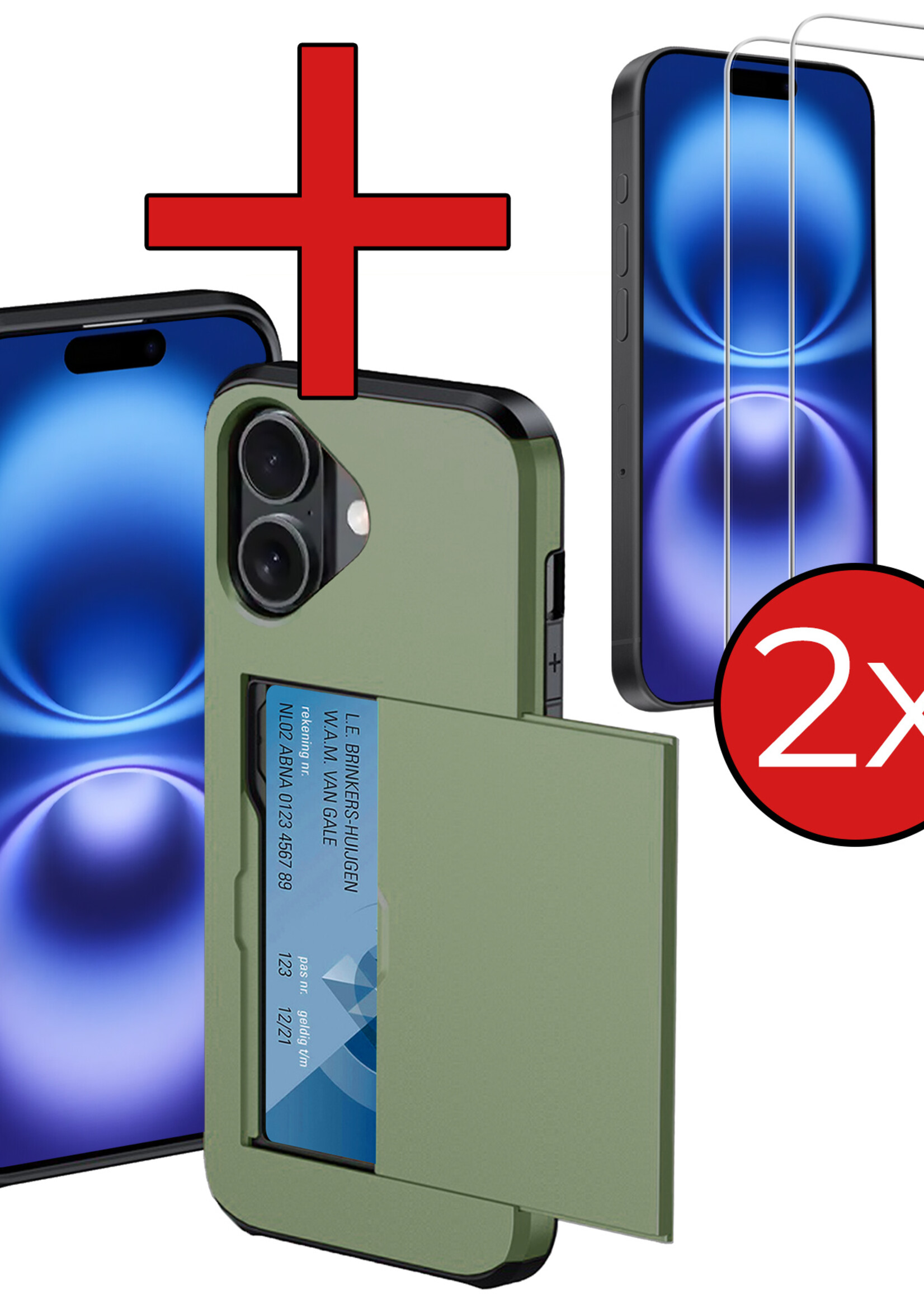 BTH Hoesje Geschikt voor iPhone 16 Hoesje Met Pasjeshouder Hard Case Met Kaarthouder Met 2x Screenprotector - Hoes Geschikt voor iPhone 16 Hoesje Shock Proof Case - Donkergroen