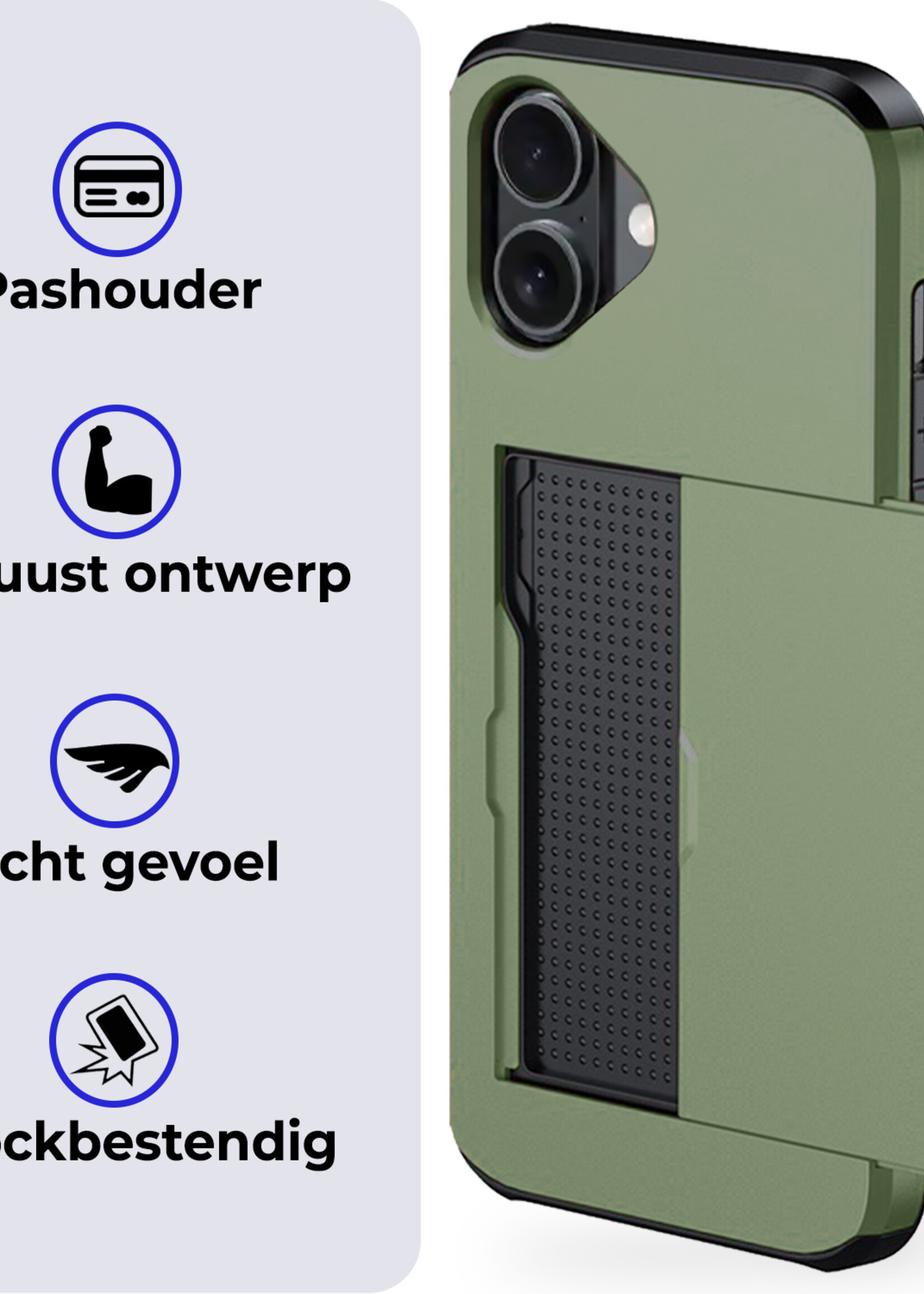 BTH Hoesje Geschikt voor iPhone 16 Hoesje Met Pasjeshouder Hard Case Met Kaarthouder Met 2x Screenprotector - Hoes Geschikt voor iPhone 16 Hoesje Shock Proof Case - Donkergroen