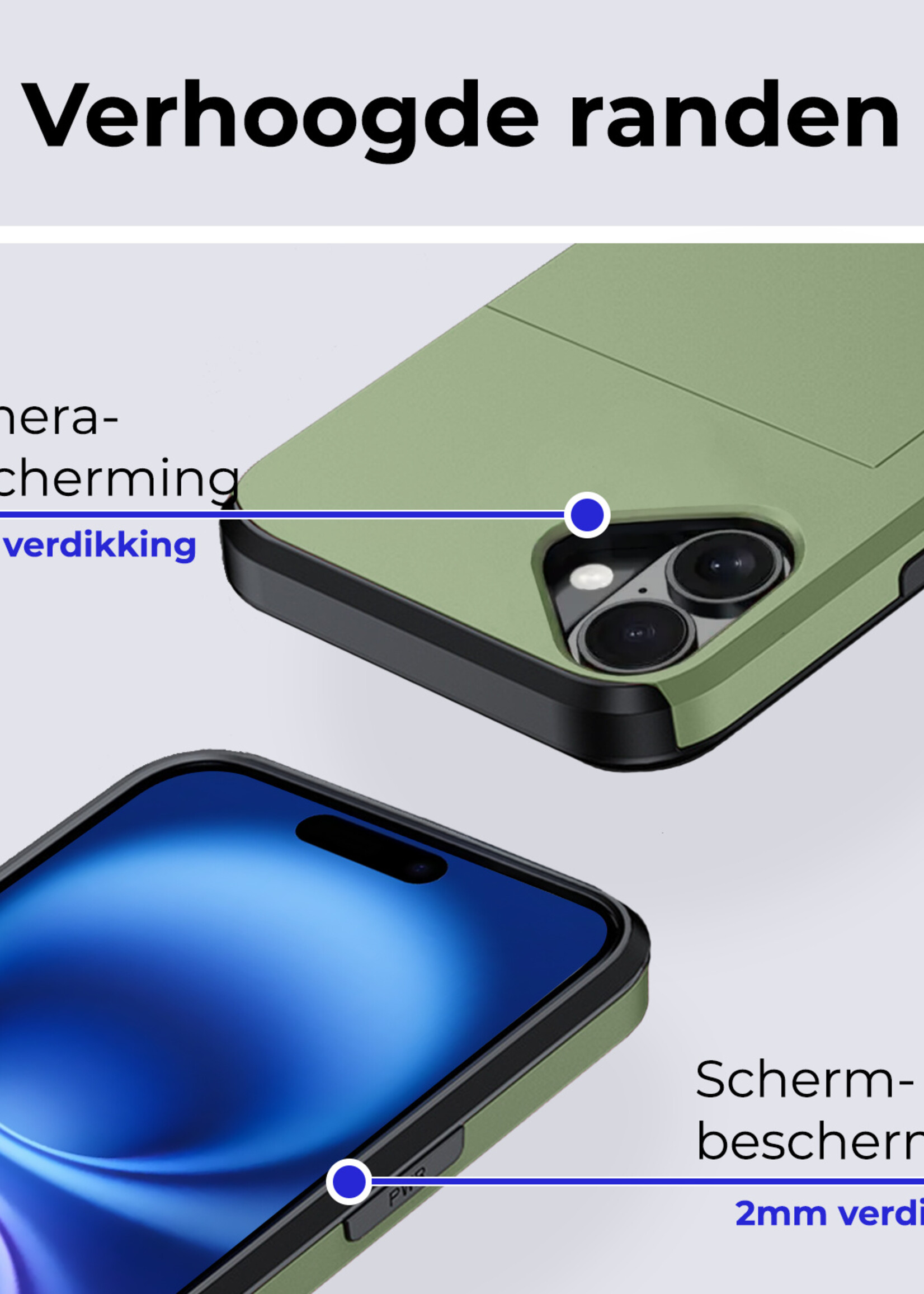 BTH Hoesje Geschikt voor iPhone 16 Hoesje Met Pasjeshouder Hard Case Met Kaarthouder Met 2x Screenprotector - Hoes Geschikt voor iPhone 16 Hoesje Shock Proof Case - Donkergroen