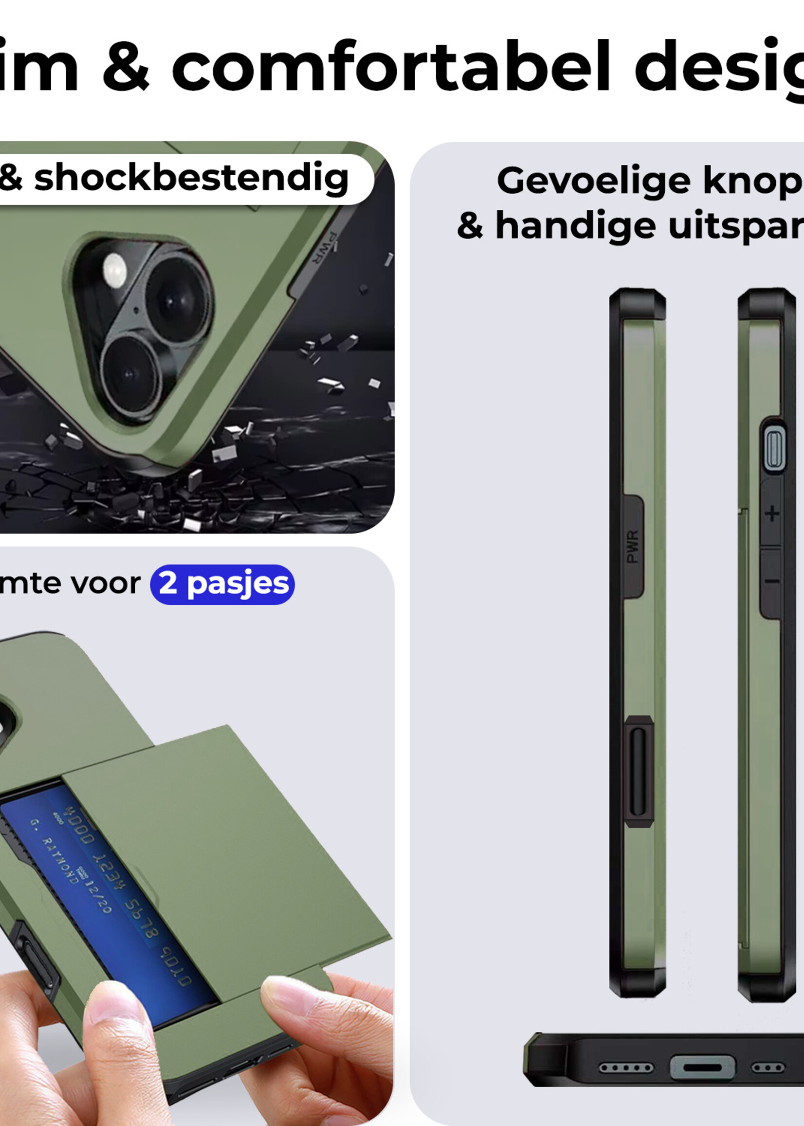 BTH Hoesje Geschikt voor iPhone 16 Hoesje Met Pasjeshouder Hard Case Met Kaarthouder Met 2x Screenprotector - Hoes Geschikt voor iPhone 16 Hoesje Shock Proof Case - Donkergroen