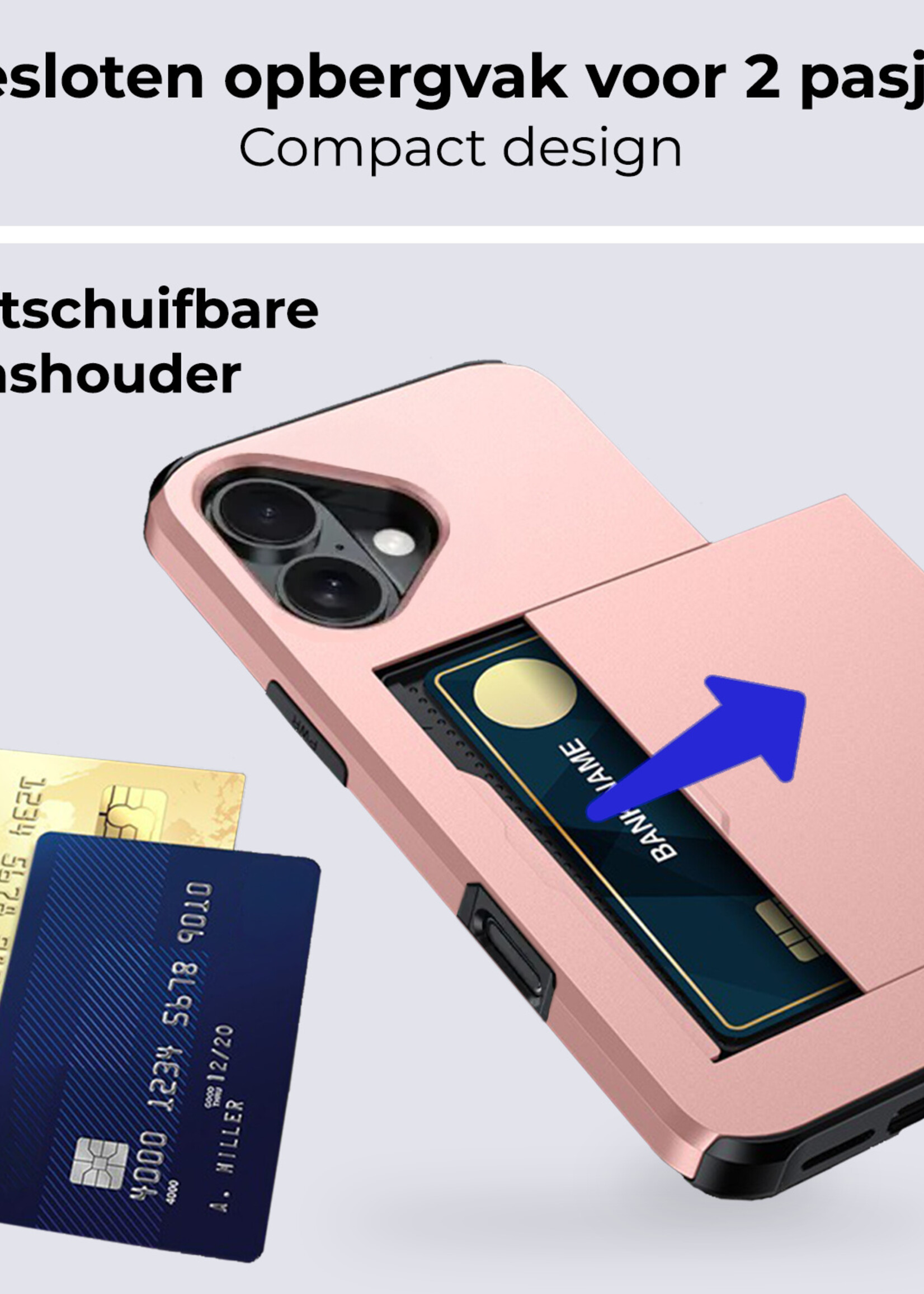 BTH Hoesje Geschikt voor iPhone 16 Hoesje Met Pasjeshouder Hard Case Met Kaarthouder Met 2x Screenprotector - Hoes Geschikt voor iPhone 16 Hoesje Shock Proof Case - Rosé goud