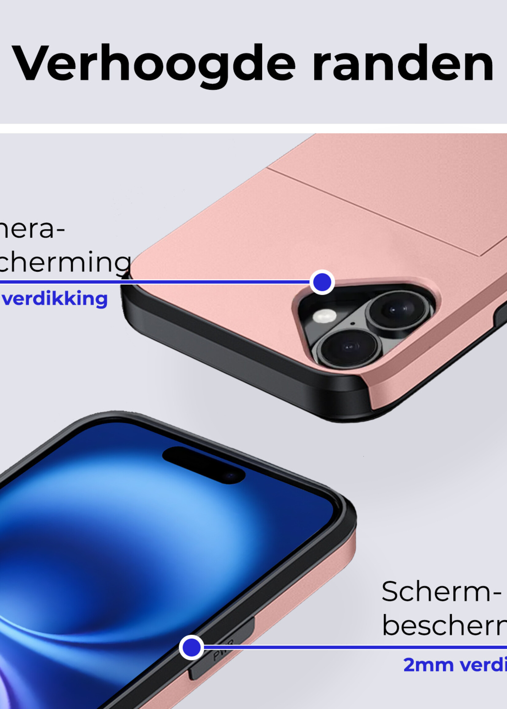 BTH Hoesje Geschikt voor iPhone 16 Hoesje Met Pasjeshouder Hard Case Met Kaarthouder Met 2x Screenprotector - Hoes Geschikt voor iPhone 16 Hoesje Shock Proof Case - Rosé goud