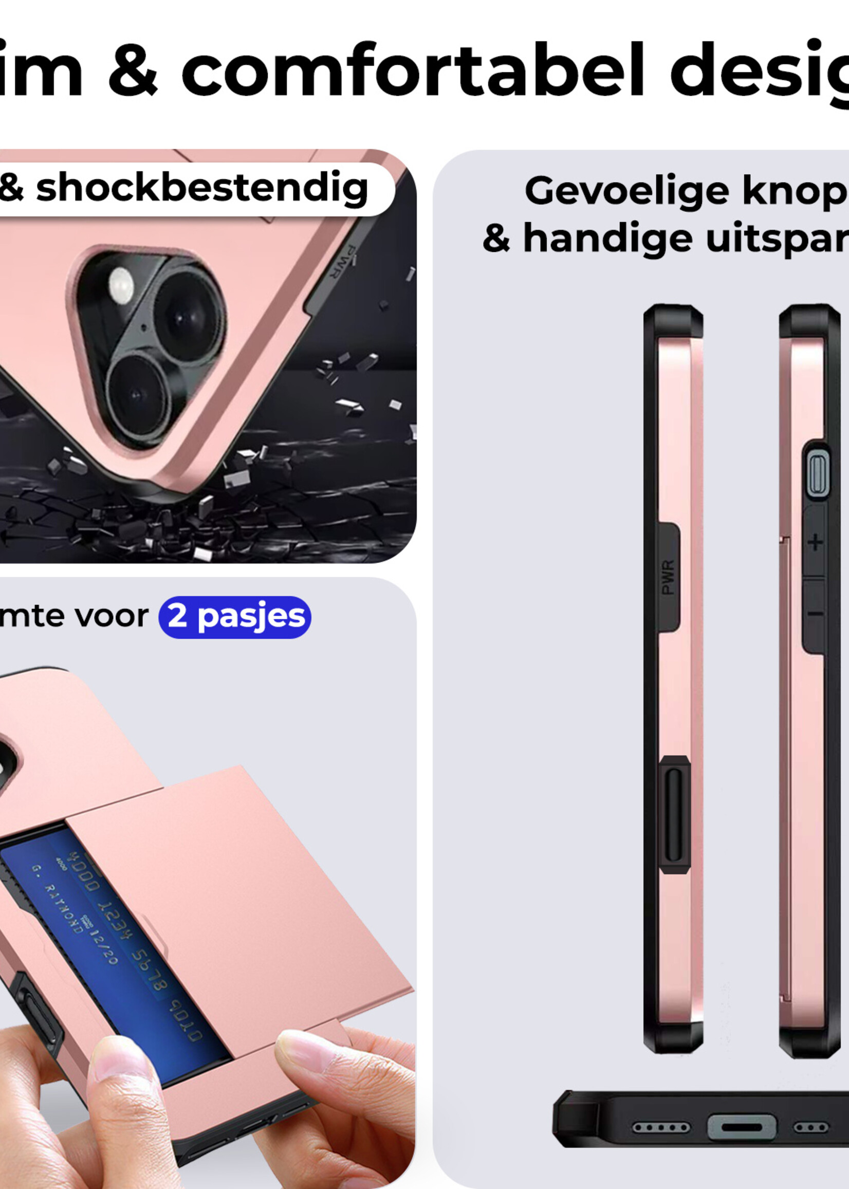 BTH Hoesje Geschikt voor iPhone 16 Hoesje Met Pasjeshouder Hard Case Met Kaarthouder Met 2x Screenprotector - Hoes Geschikt voor iPhone 16 Hoesje Shock Proof Case - Rosé goud