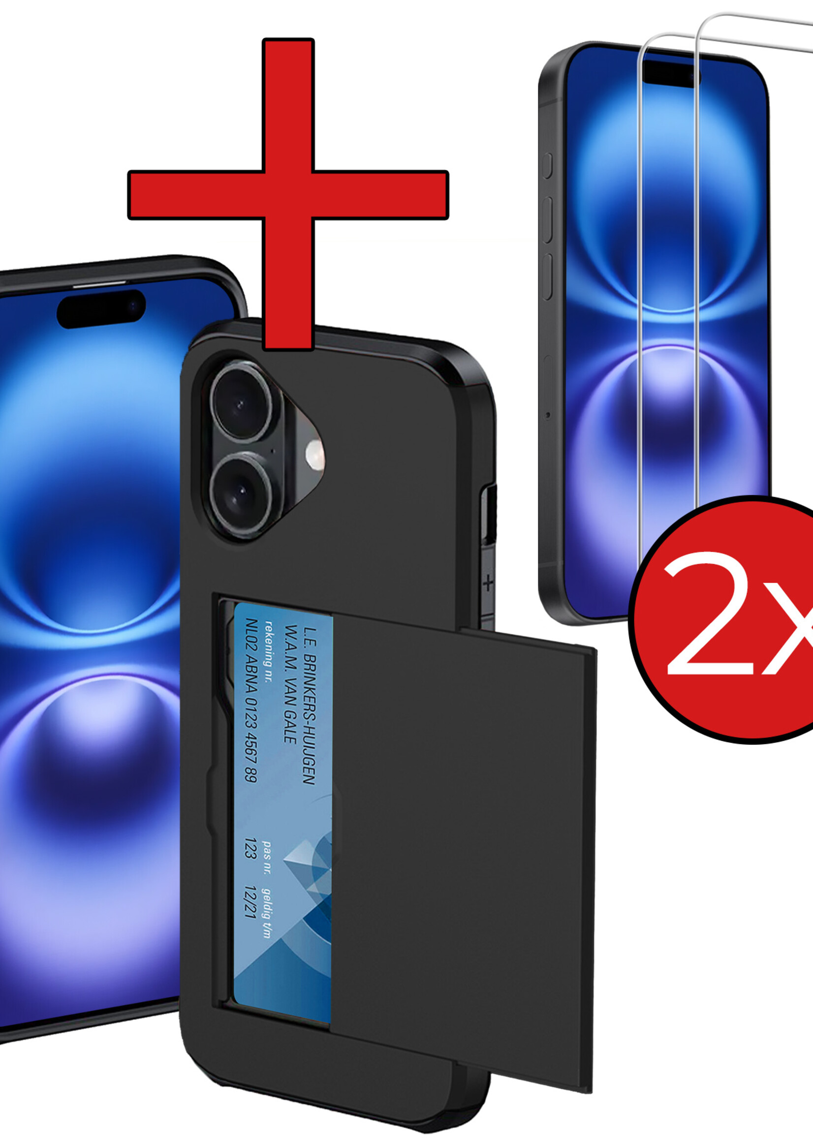 BTH Hoesje Geschikt voor iPhone 16 Hoesje Met Pasjeshouder Hard Case Met Kaarthouder Met 2x Screenprotector - Hoes Geschikt voor iPhone 16 Hoesje Shock Proof Case - Zwart