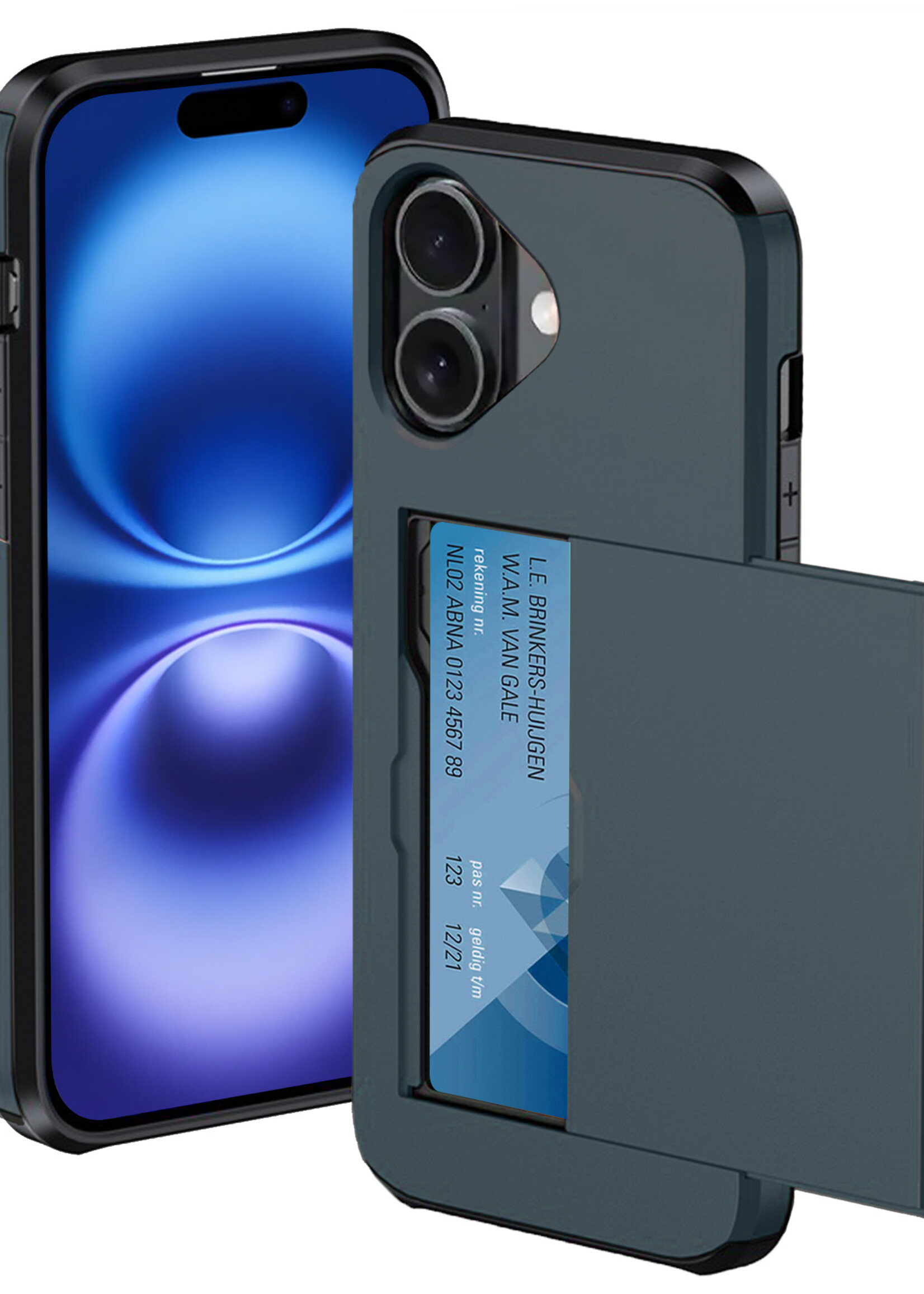 BTH Hoesje Geschikt voor iPhone 16 Plus Hoesje Met Pasjeshouder Hard Case Met Kaarthouder - Hoes Geschikt voor iPhone 16 Plus Hoesje Shock Proof Case - Donkerblauw