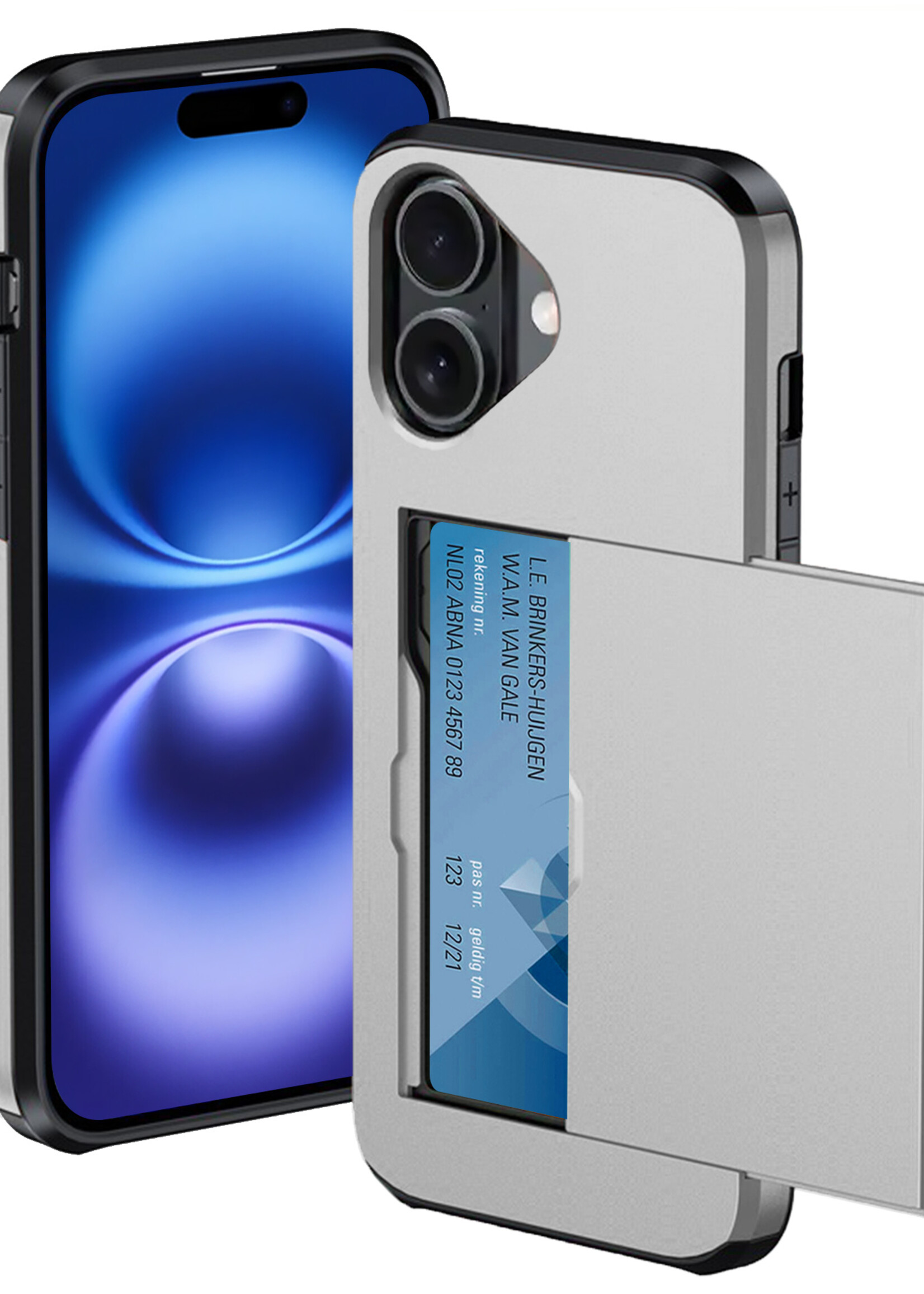 BTH Hoesje Geschikt voor iPhone 16 Plus Hoesje Met Pasjeshouder Hard Case Met Kaarthouder - Hoes Geschikt voor iPhone 16 Plus Hoesje Shock Proof Case - Grijs