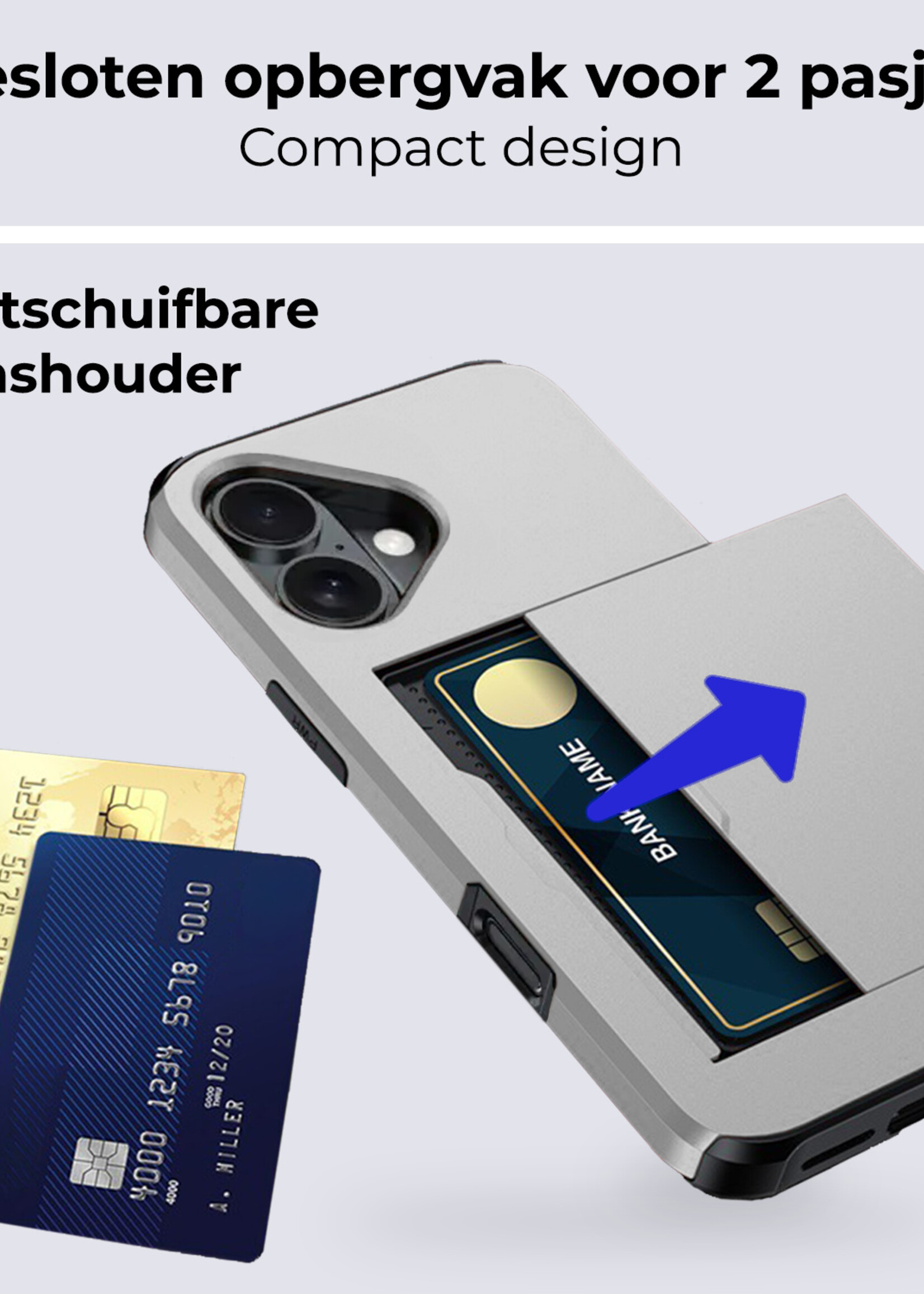 BTH Hoesje Geschikt voor iPhone 16 Plus Hoesje Met Pasjeshouder Hard Case Met Kaarthouder - Hoes Geschikt voor iPhone 16 Plus Hoesje Shock Proof Case - Grijs