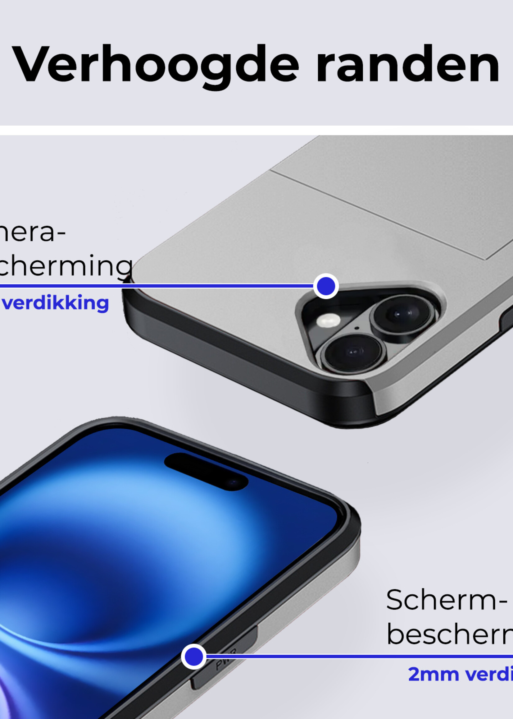 BTH Hoesje Geschikt voor iPhone 16 Plus Hoesje Met Pasjeshouder Hard Case Met Kaarthouder - Hoes Geschikt voor iPhone 16 Plus Hoesje Shock Proof Case - Grijs