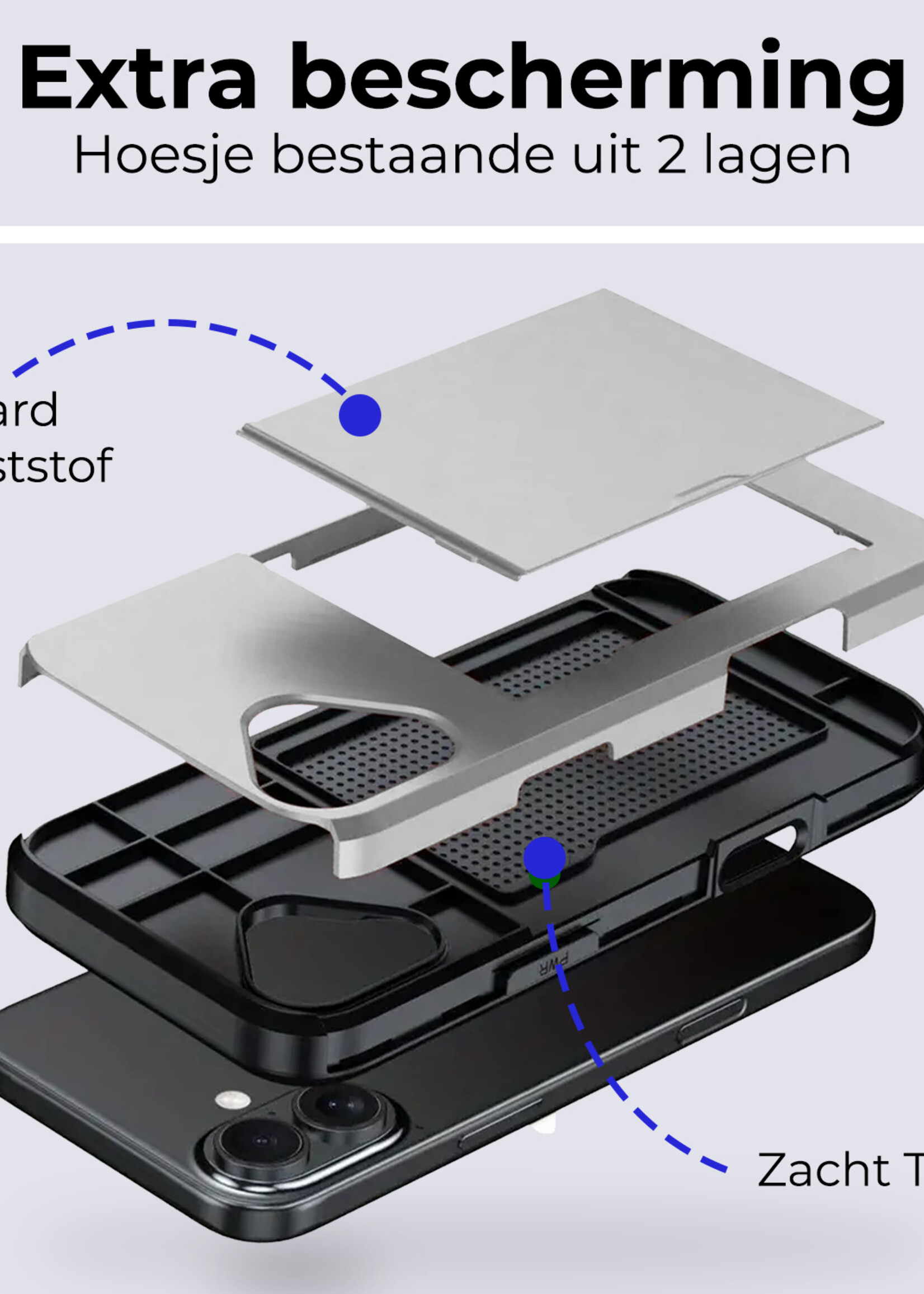 BTH Hoesje Geschikt voor iPhone 16 Plus Hoesje Met Pasjeshouder Hard Case Met Kaarthouder - Hoes Geschikt voor iPhone 16 Plus Hoesje Shock Proof Case - Grijs