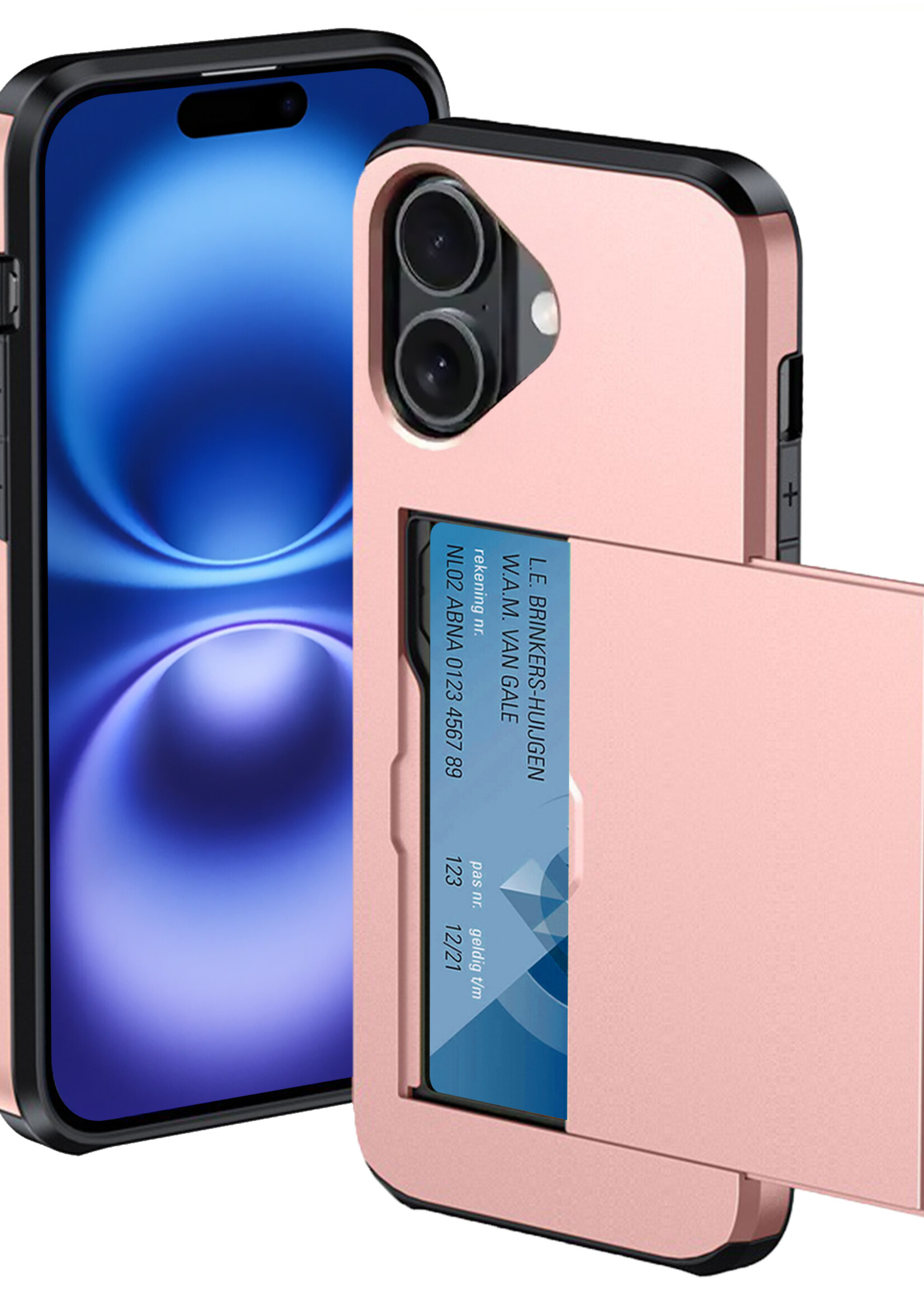 BTH Hoesje Geschikt voor iPhone 16 Plus Hoesje Met Pasjeshouder Hard Case Met Kaarthouder - Hoes Geschikt voor iPhone 16 Plus Hoesje Shock Proof Case - Rosé goud