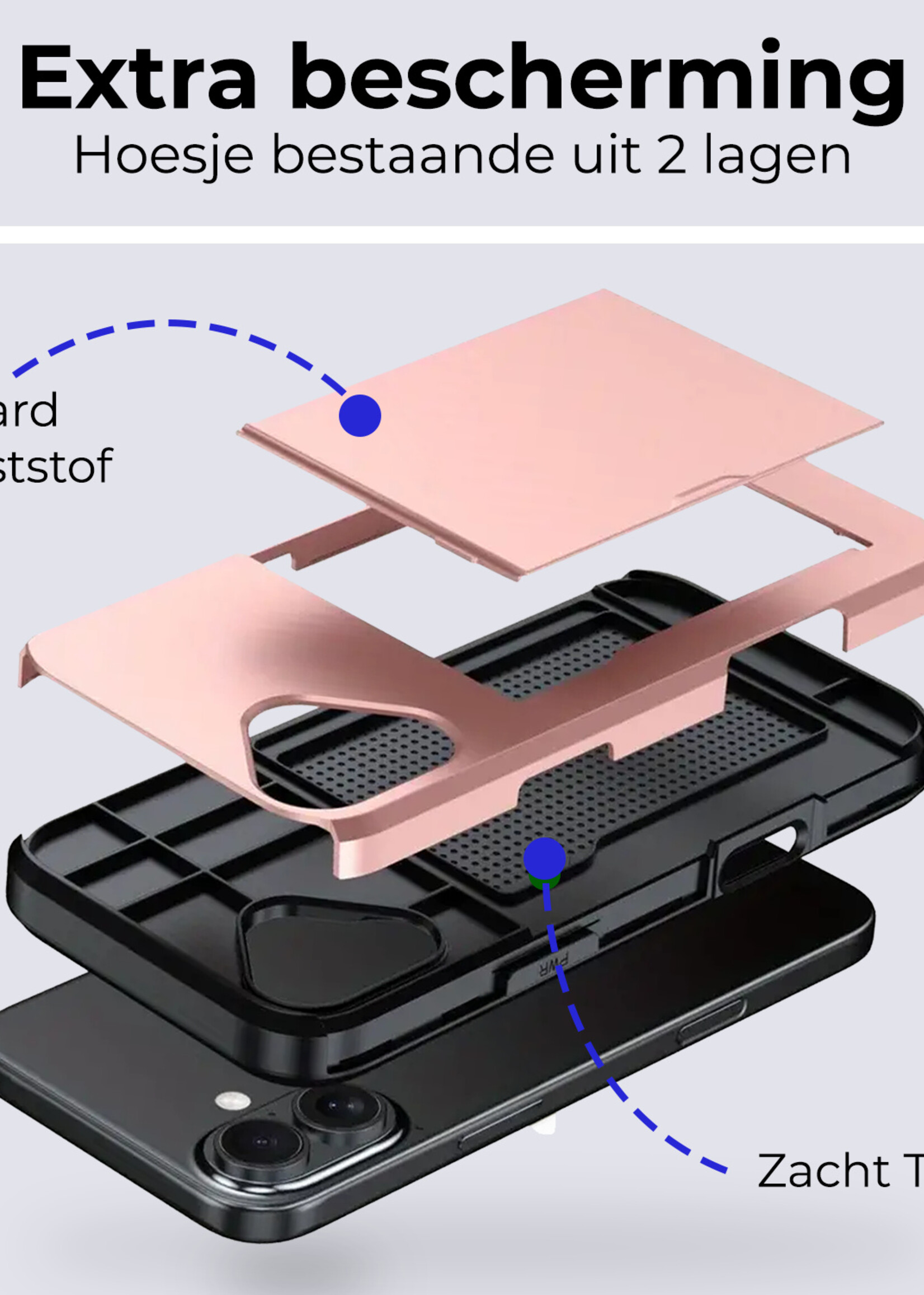 BTH Hoesje Geschikt voor iPhone 16 Plus Hoesje Met Pasjeshouder Hard Case Met Kaarthouder - Hoes Geschikt voor iPhone 16 Plus Hoesje Shock Proof Case - Rosé goud