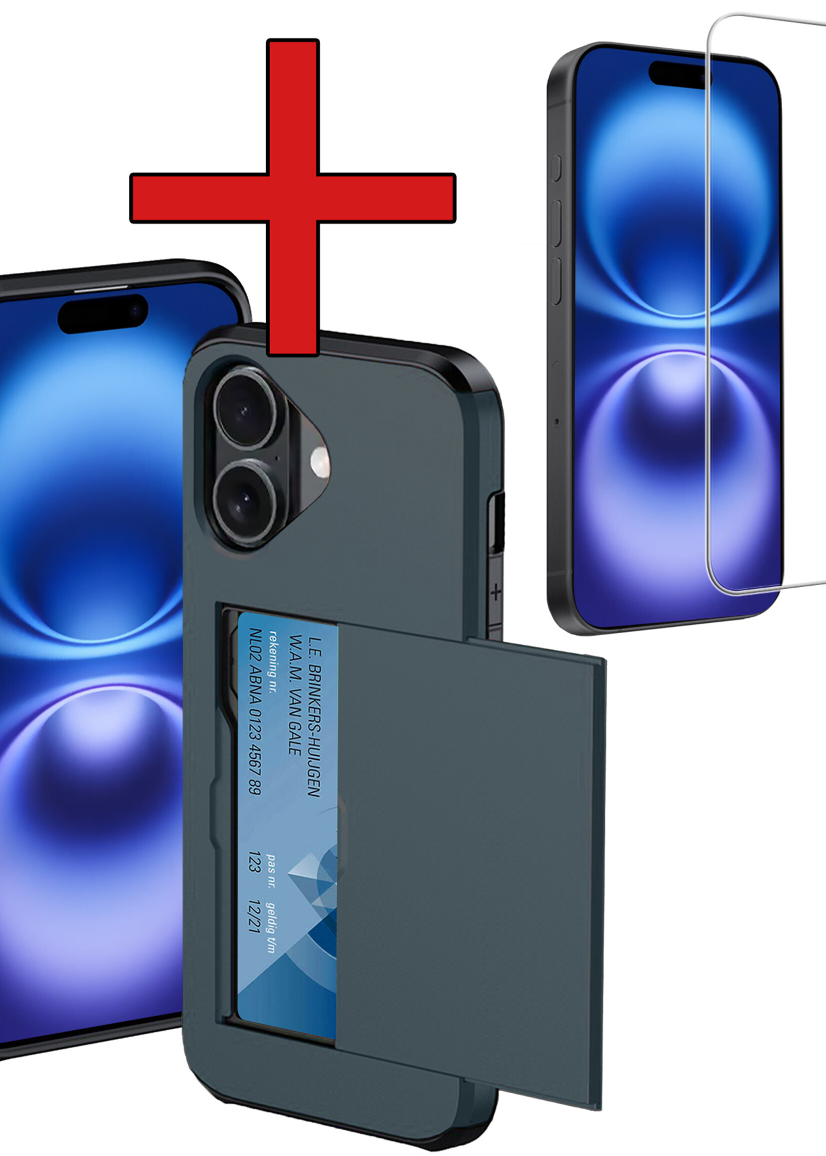 BTH Hoesje Geschikt voor iPhone 16 Plus Hoesje Met Pasjeshouder Hard Case Met Kaarthouder Met Screenprotector - Hoes Geschikt voor iPhone 16 Plus Hoesje Shock Proof Case - Donkerblauw