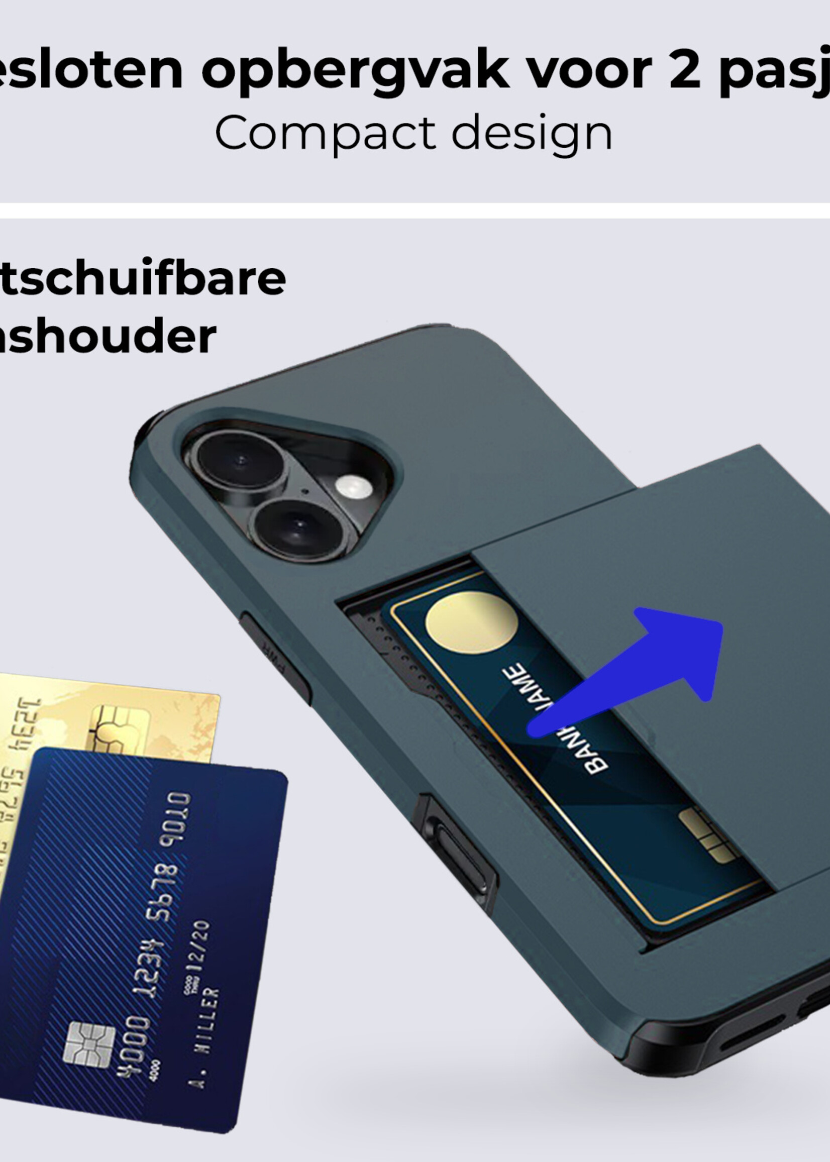 BTH Hoesje Geschikt voor iPhone 16 Plus Hoesje Met Pasjeshouder Hard Case Met Kaarthouder Met Screenprotector - Hoes Geschikt voor iPhone 16 Plus Hoesje Shock Proof Case - Donkerblauw