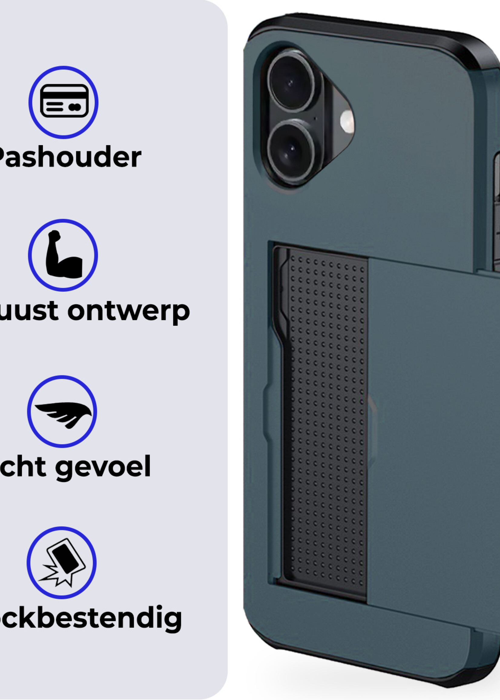 BTH Hoesje Geschikt voor iPhone 16 Plus Hoesje Met Pasjeshouder Hard Case Met Kaarthouder Met Screenprotector - Hoes Geschikt voor iPhone 16 Plus Hoesje Shock Proof Case - Donkerblauw