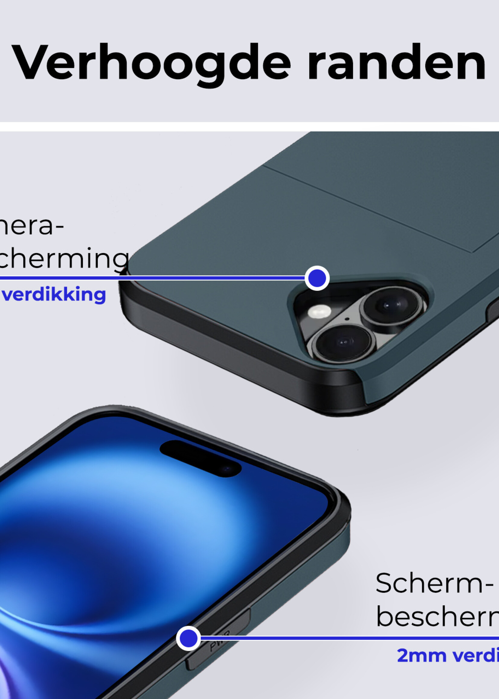 BTH Hoesje Geschikt voor iPhone 16 Plus Hoesje Met Pasjeshouder Hard Case Met Kaarthouder Met Screenprotector - Hoes Geschikt voor iPhone 16 Plus Hoesje Shock Proof Case - Donkerblauw