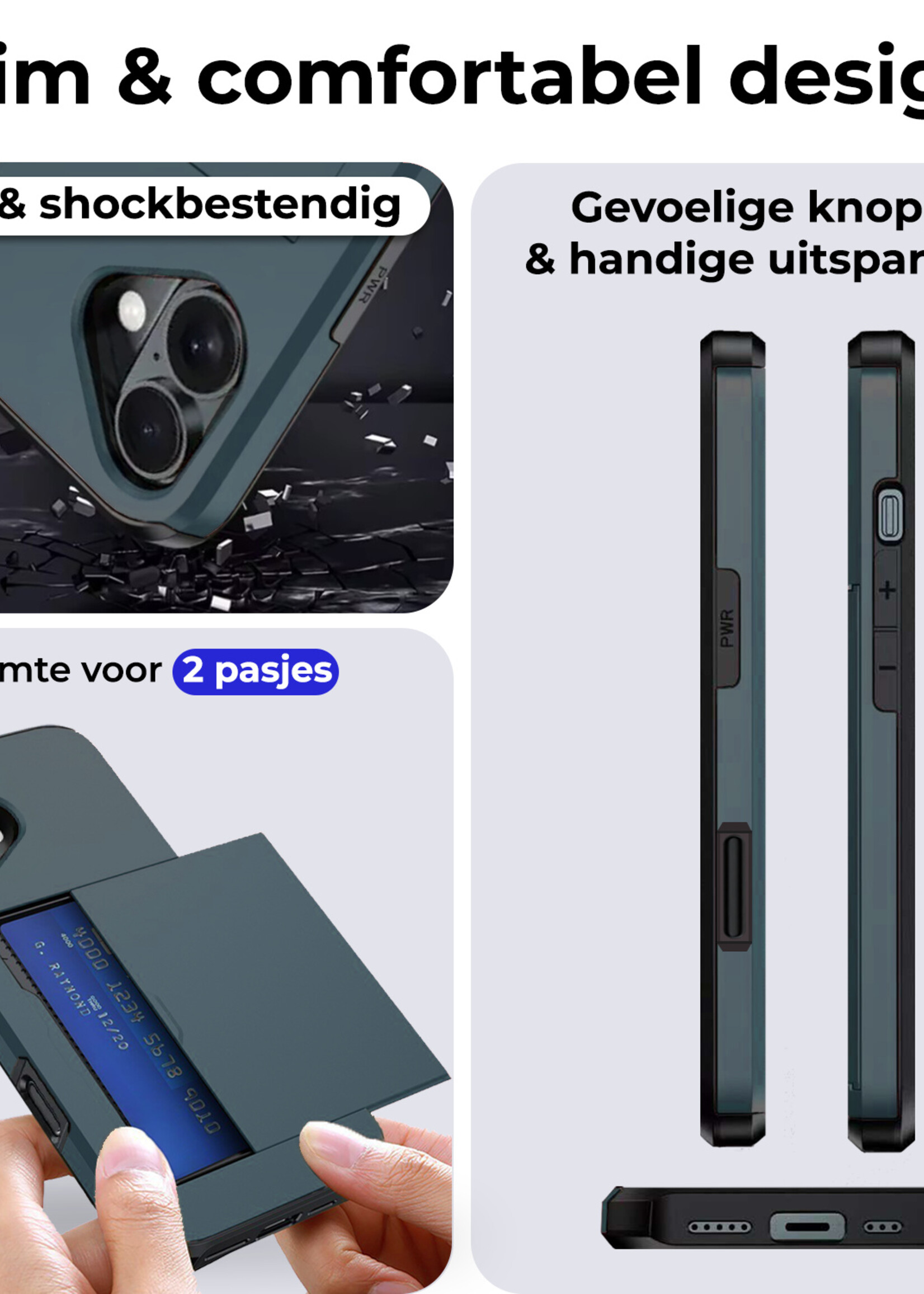 BTH Hoesje Geschikt voor iPhone 16 Plus Hoesje Met Pasjeshouder Hard Case Met Kaarthouder Met Screenprotector - Hoes Geschikt voor iPhone 16 Plus Hoesje Shock Proof Case - Donkerblauw