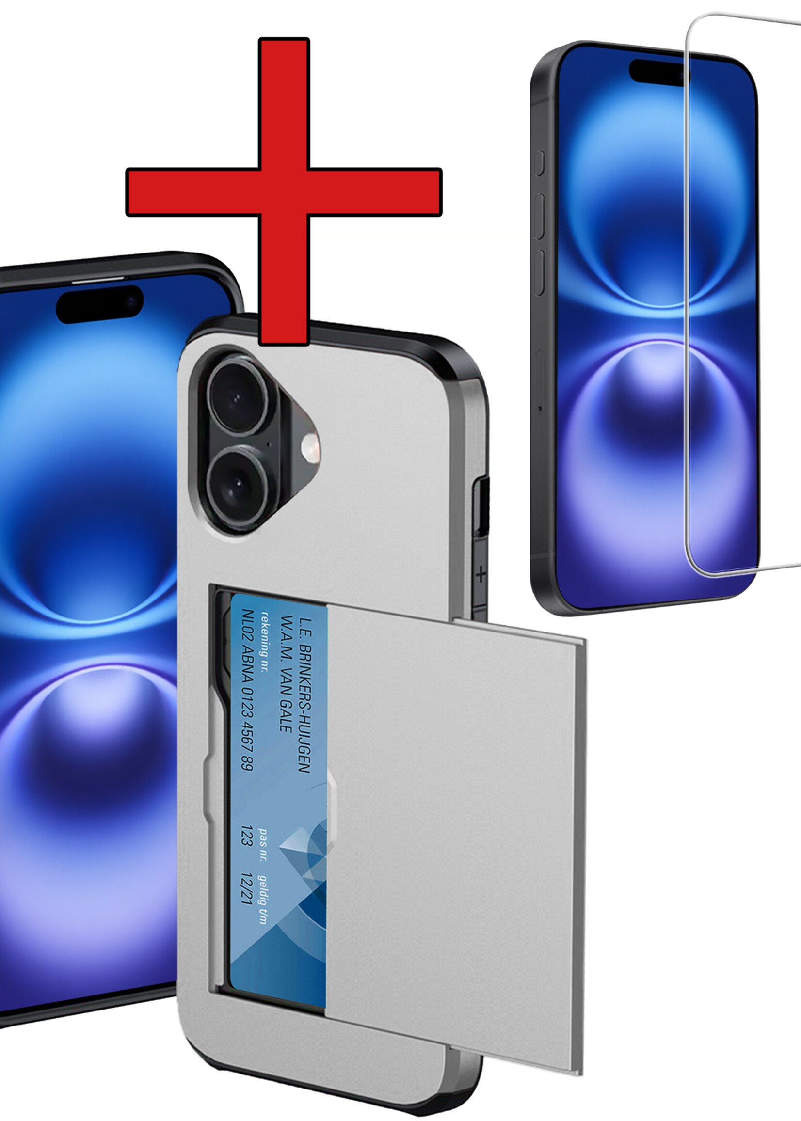 BTH Hoesje Geschikt voor iPhone 16 Plus Hoesje Met Pasjeshouder Hard Case Met Kaarthouder Met Screenprotector - Hoes Geschikt voor iPhone 16 Plus Hoesje Shock Proof Case - Grijs