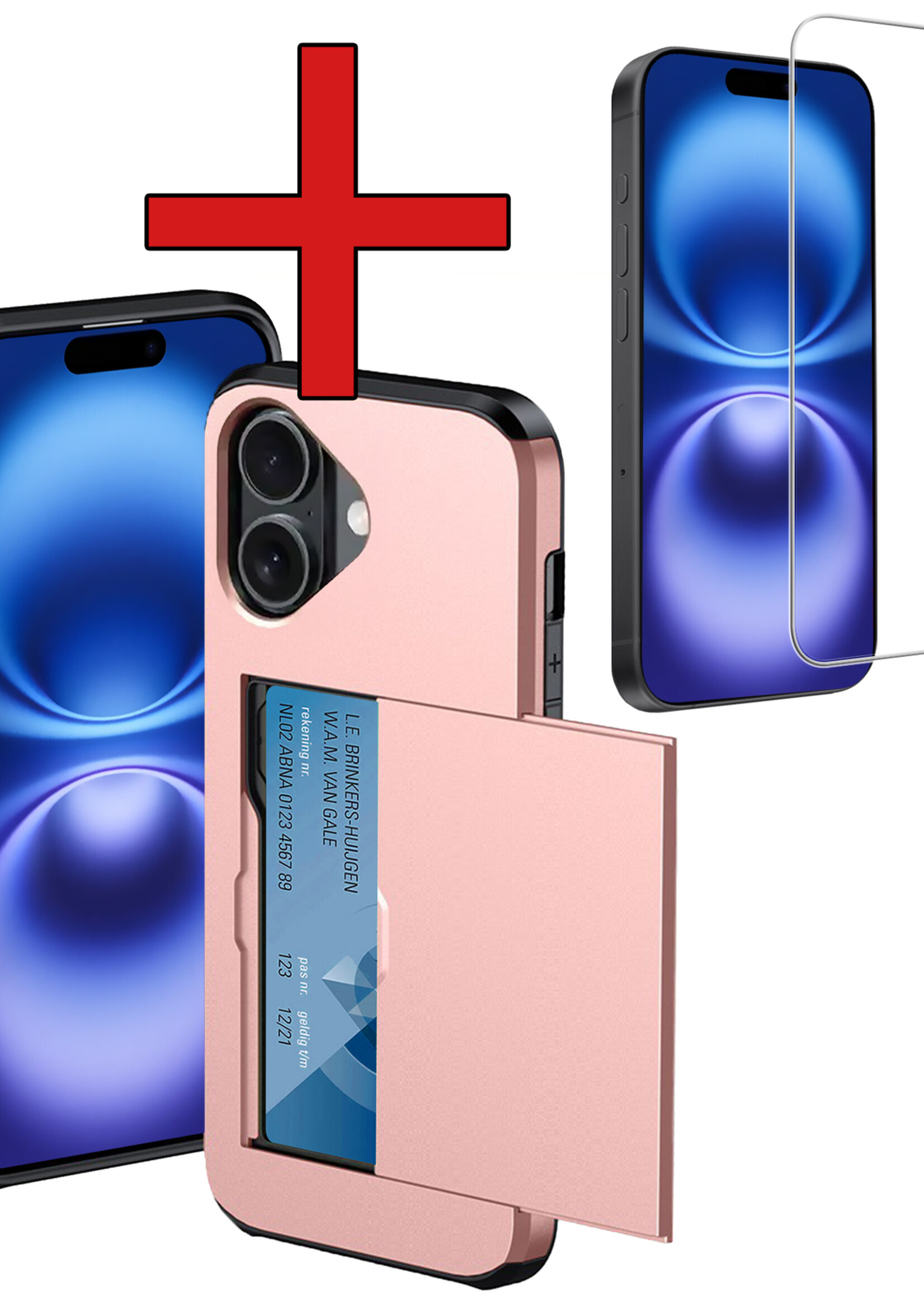 BTH Hoesje Geschikt voor iPhone 16 Plus Hoesje Met Pasjeshouder Hard Case Met Kaarthouder Met Screenprotector - Hoes Geschikt voor iPhone 16 Plus Hoesje Shock Proof Case - Rosé goud