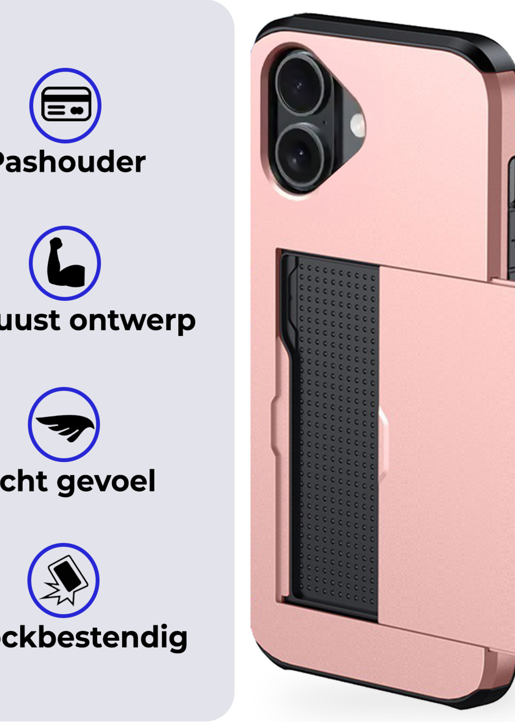 BTH Hoesje Geschikt voor iPhone 16 Plus Hoesje Met Pasjeshouder Hard Case Met Kaarthouder Met Screenprotector - Hoes Geschikt voor iPhone 16 Plus Hoesje Shock Proof Case - Rosé goud