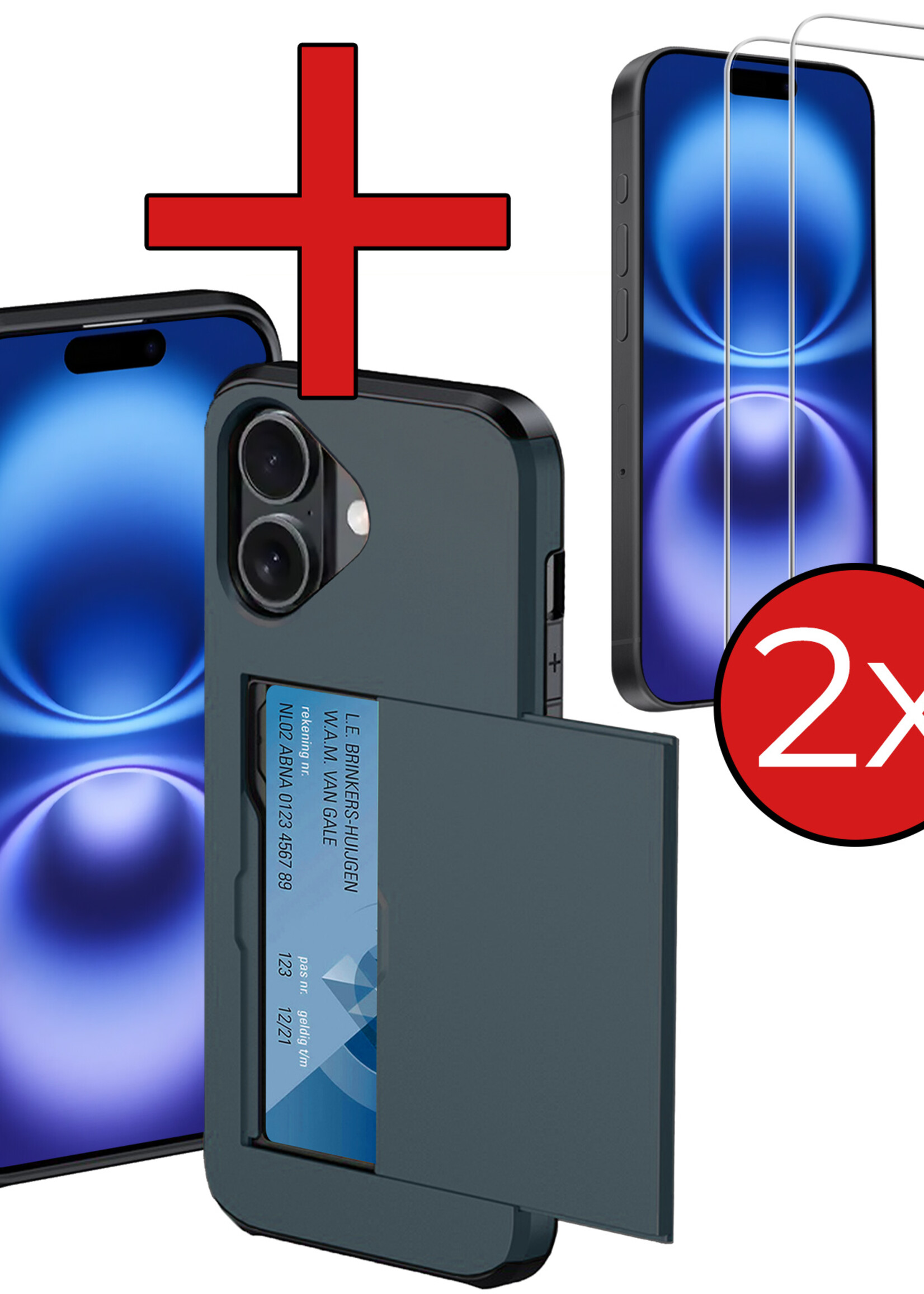 BTH Hoesje Geschikt voor iPhone 16 Plus Hoesje Met Pasjeshouder Hard Case Met Kaarthouder Met 2x Screenprotector - Hoes Geschikt voor iPhone 16 Plus Hoesje Shock Proof Case - Donkerblauw