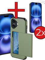 BTH BTH iPhone 16 Plus Hoesje Pashouder Hard Met 2x Screenprotector - Donker Groen