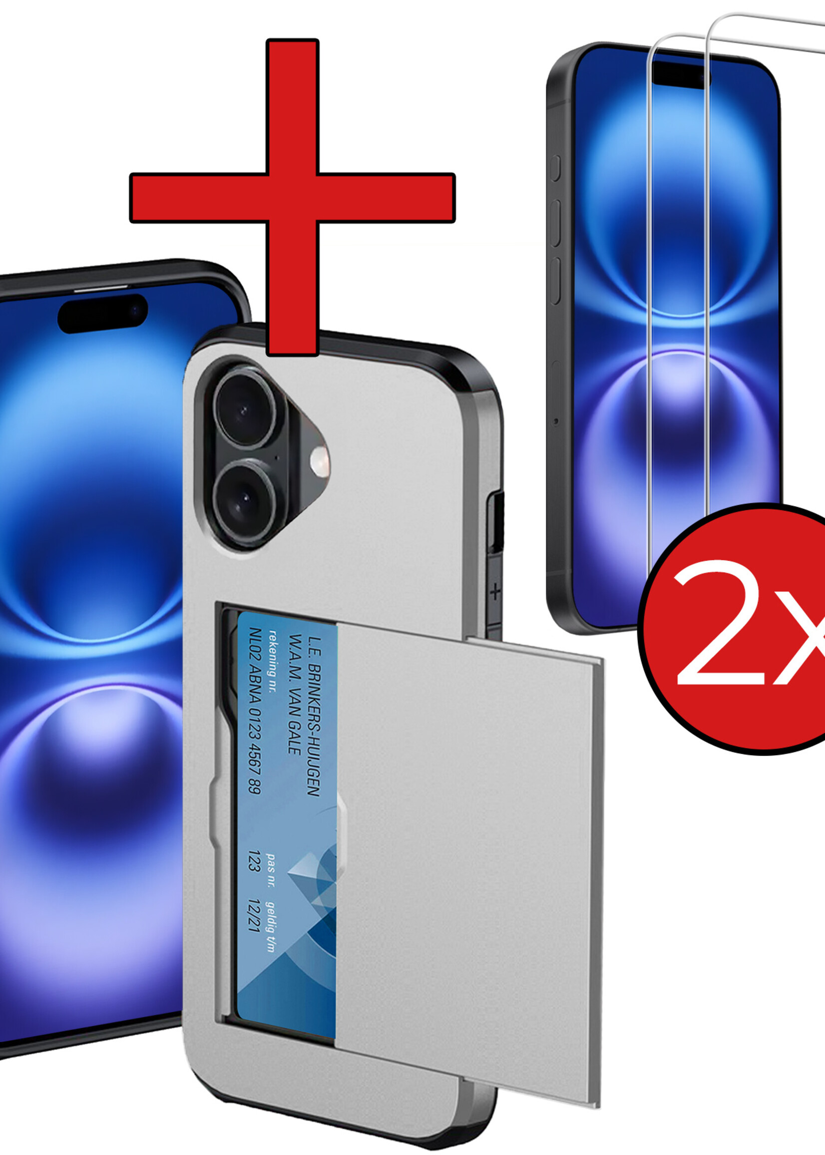 BTH Hoesje Geschikt voor iPhone 16 Plus Hoesje Met Pasjeshouder Hard Case Met Kaarthouder Met 2x Screenprotector - Hoes Geschikt voor iPhone 16 Plus Hoesje Shock Proof Case - Grijs