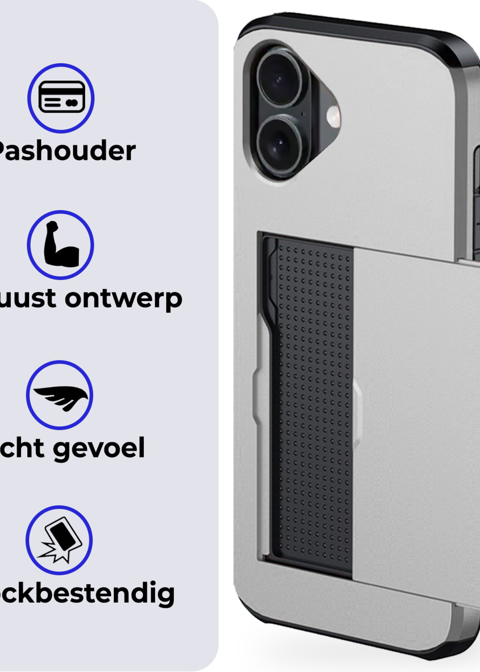 BTH Hoesje Geschikt voor iPhone 16 Plus Hoesje Met Pasjeshouder Hard Case Met Kaarthouder Met 2x Screenprotector - Hoes Geschikt voor iPhone 16 Plus Hoesje Shock Proof Case - Grijs