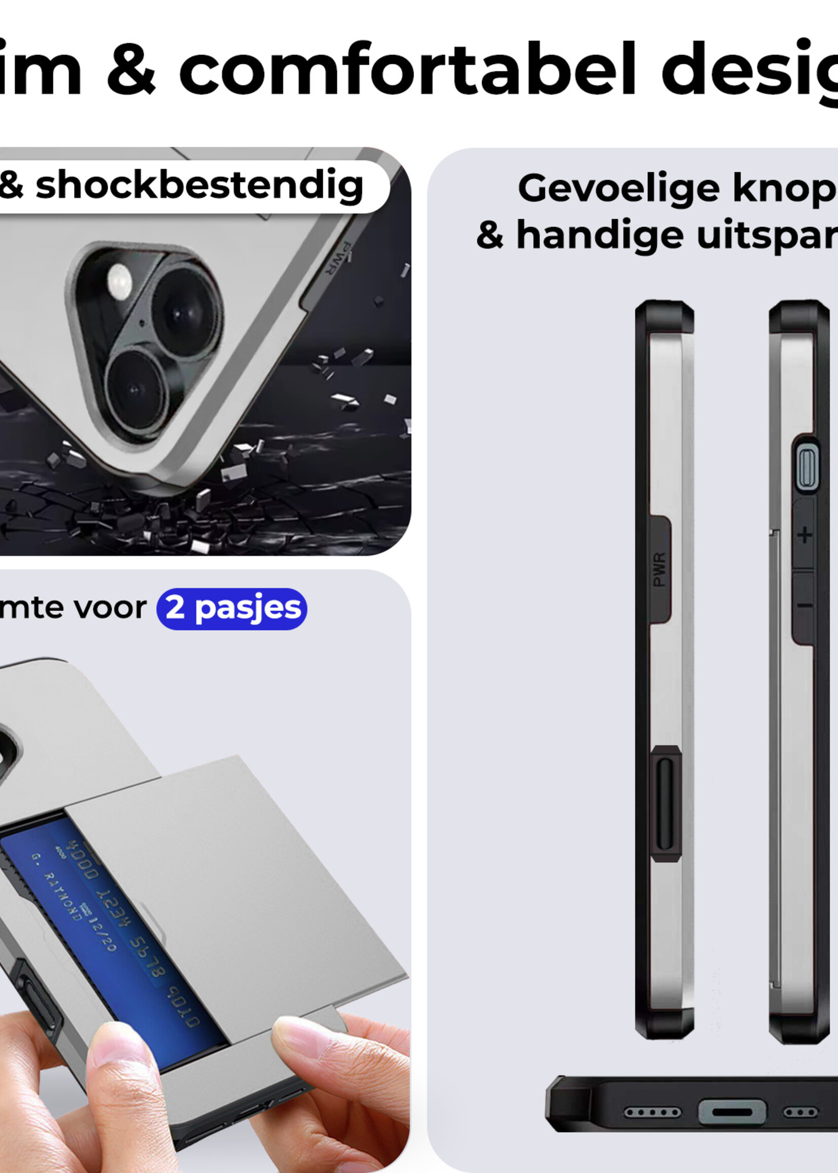 BTH Hoesje Geschikt voor iPhone 16 Plus Hoesje Met Pasjeshouder Hard Case Met Kaarthouder Met 2x Screenprotector - Hoes Geschikt voor iPhone 16 Plus Hoesje Shock Proof Case - Grijs
