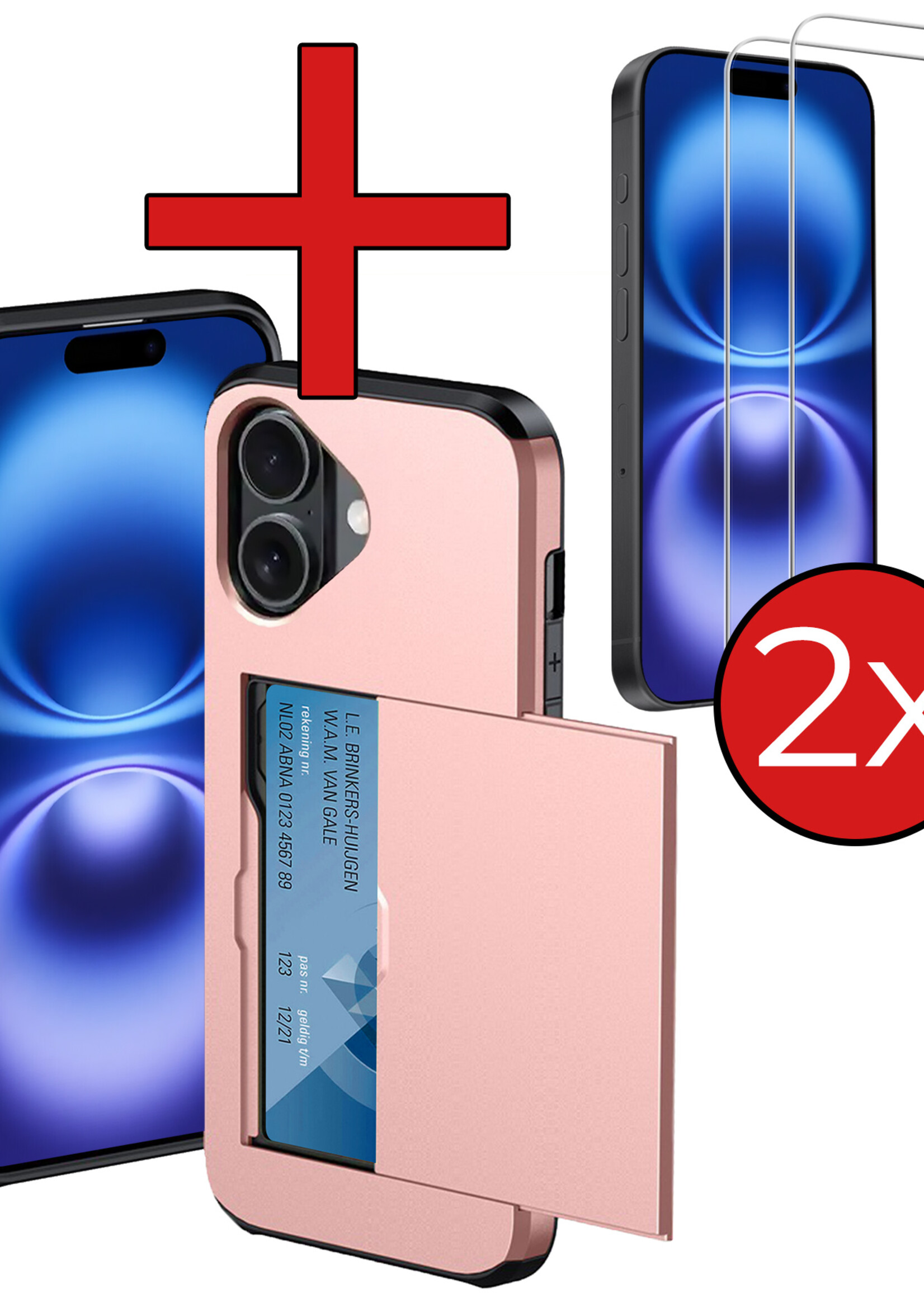 BTH Hoesje Geschikt voor iPhone 16 Plus Hoesje Met Pasjeshouder Hard Case Met Kaarthouder Met 2x Screenprotector - Hoes Geschikt voor iPhone 16 Plus Hoesje Shock Proof Case - Rosé goud