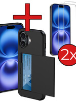 BTH BTH iPhone 16 Plus Hoesje Pashouder Hard Met 2x Screenprotector - Zwart