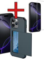 BTH BTH iPhone 16 Pro Hoesje Pashouder Hard Met Screenprotector - Donker Blauw