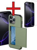 BTH BTH iPhone 16 Pro Hoesje Pashouder Hard Met Screenprotector - Donker Groen