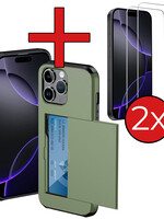 BTH BTH iPhone 16 Pro Hoesje Pashouder Hard Met 2x Screenprotector - Donker Groen