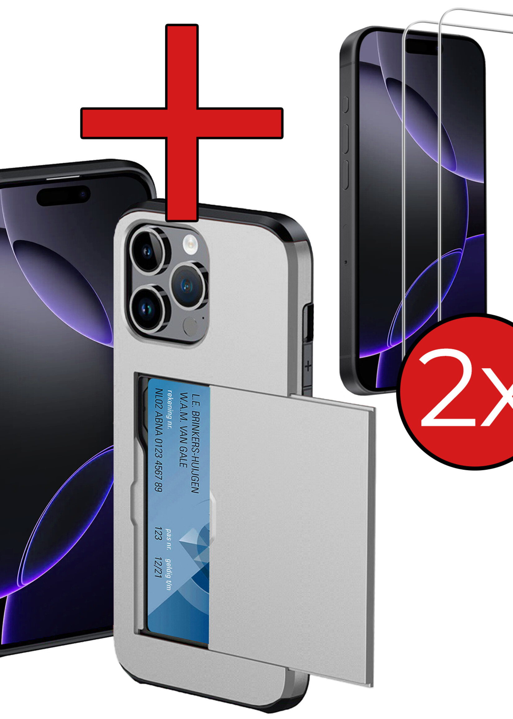 BTH Hoesje Geschikt voor iPhone 16 Pro Hoesje Met Pasjeshouder Hard Case Met Kaarthouder Met 2x Screenprotector - Hoes Geschikt voor iPhone 16 Pro Hoesje Shock Proof Case - Grijs