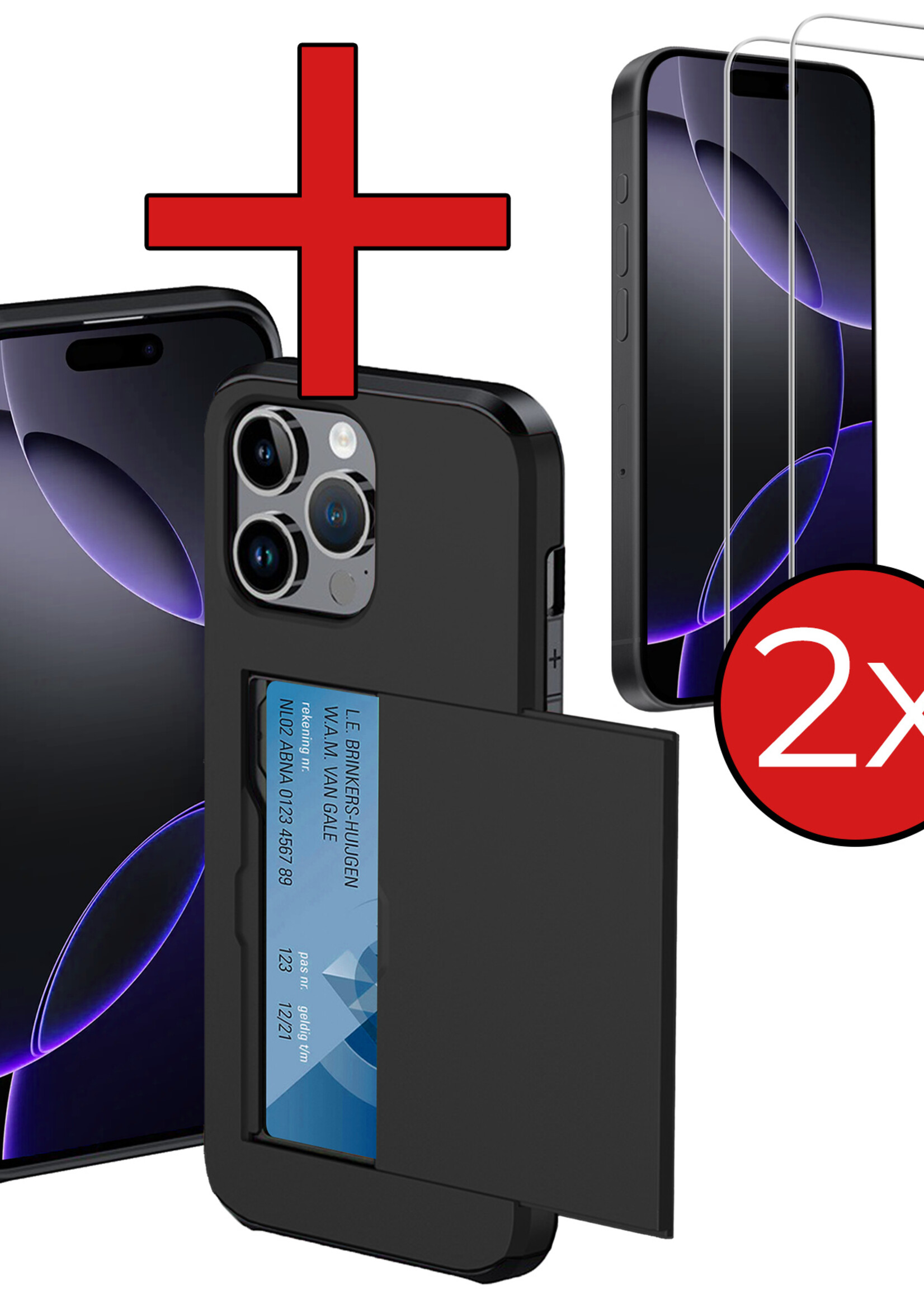 BTH Hoesje Geschikt voor iPhone 16 Pro Hoesje Met Pasjeshouder Hard Case Met Kaarthouder Met 2x Screenprotector - Hoes Geschikt voor iPhone 16 Pro Hoesje Shock Proof Case - Zwart