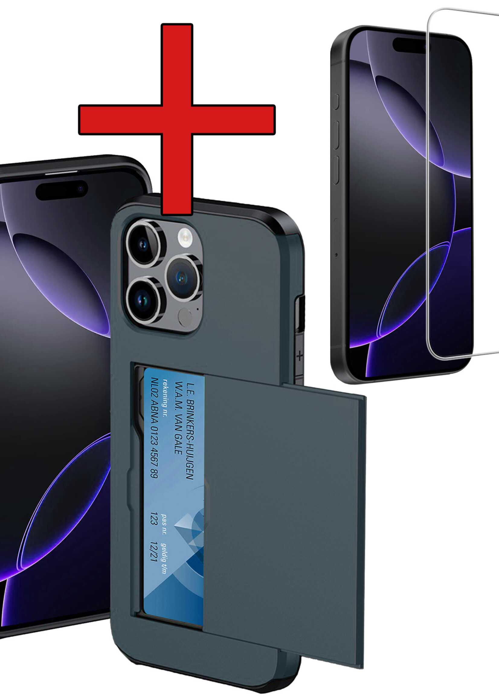 BTH Hoesje Geschikt voor iPhone 16 Pro Max Hoesje Met Pasjeshouder Hard Case Met Kaarthouder Met Screenprotector - Hoes Geschikt voor iPhone 16 Pro Max Hoesje Shock Proof Case - Donkerblauw