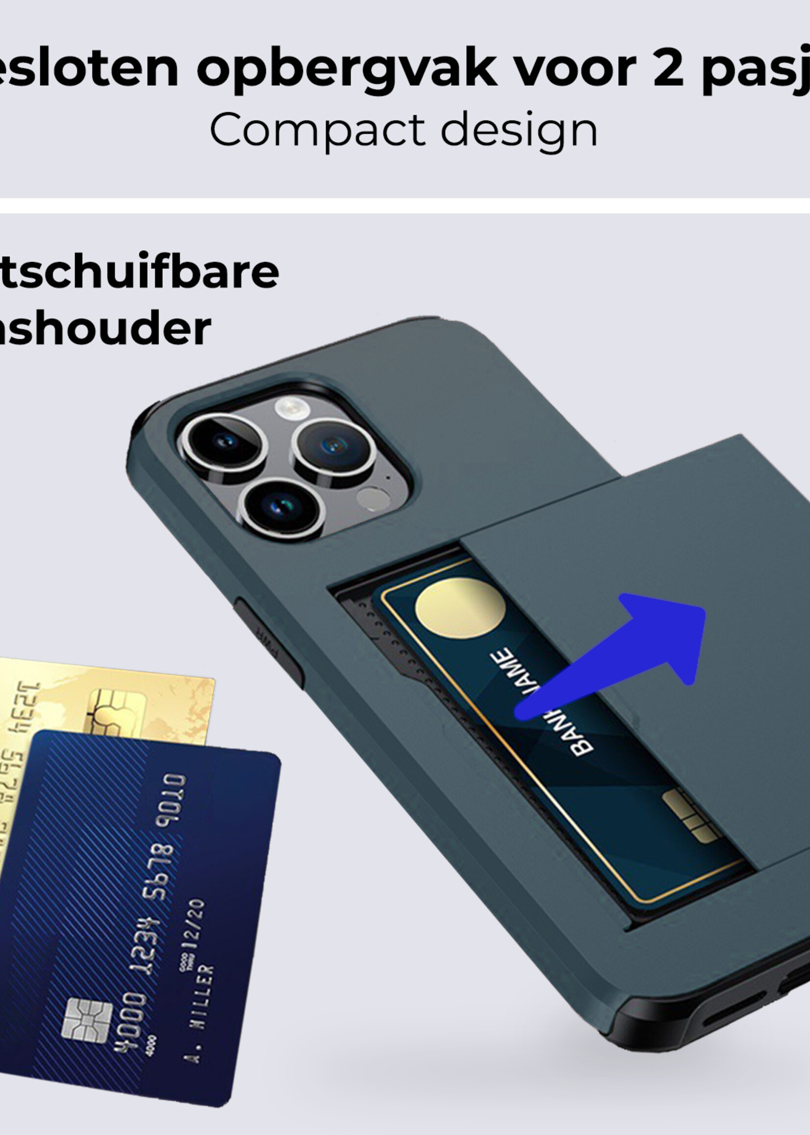 BTH Hoesje Geschikt voor iPhone 16 Pro Max Hoesje Met Pasjeshouder Hard Case Met Kaarthouder Met Screenprotector - Hoes Geschikt voor iPhone 16 Pro Max Hoesje Shock Proof Case - Donkerblauw