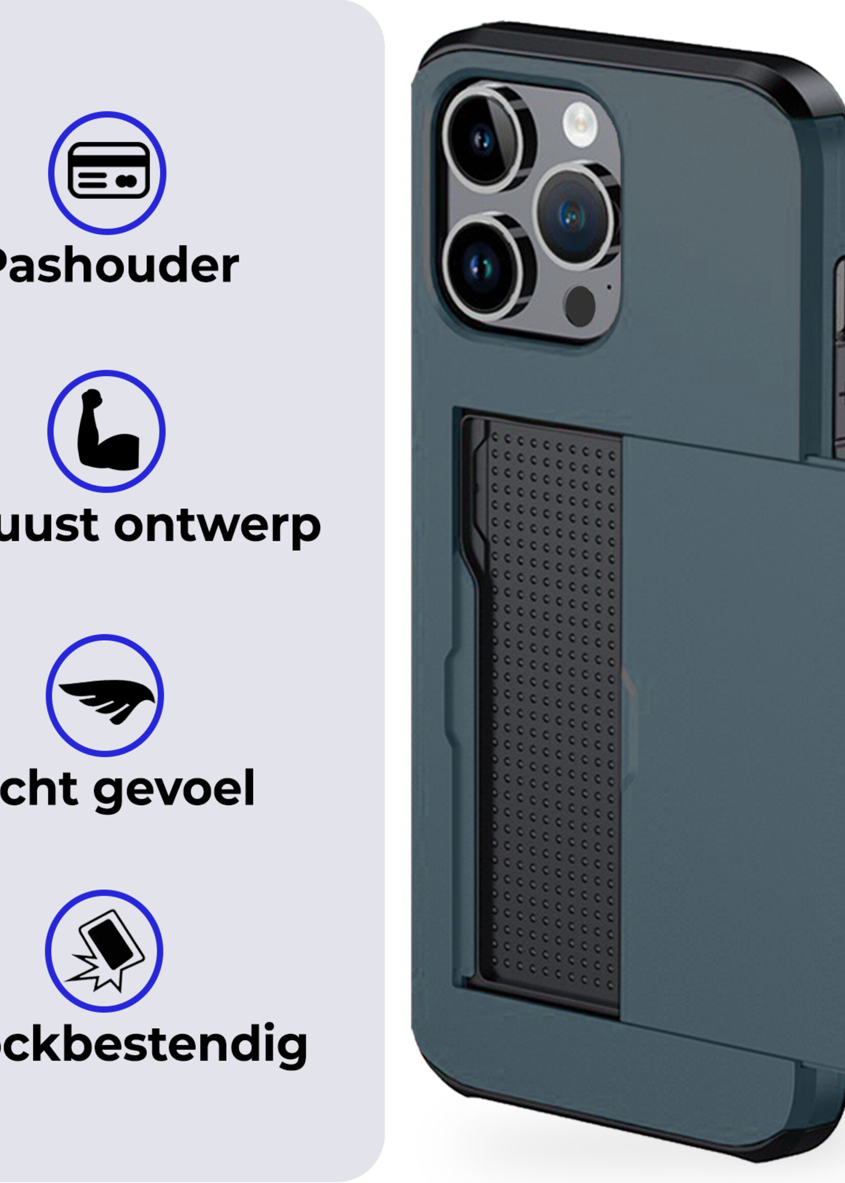 BTH Hoesje Geschikt voor iPhone 16 Pro Max Hoesje Met Pasjeshouder Hard Case Met Kaarthouder Met Screenprotector - Hoes Geschikt voor iPhone 16 Pro Max Hoesje Shock Proof Case - Donkerblauw